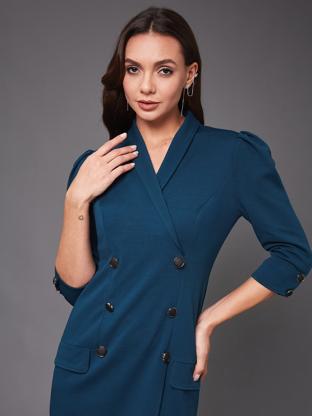 Women's Teal V-neck 3/4 Sleeve Solid Double Breasted Blazer Knee-Long Polyester Dress