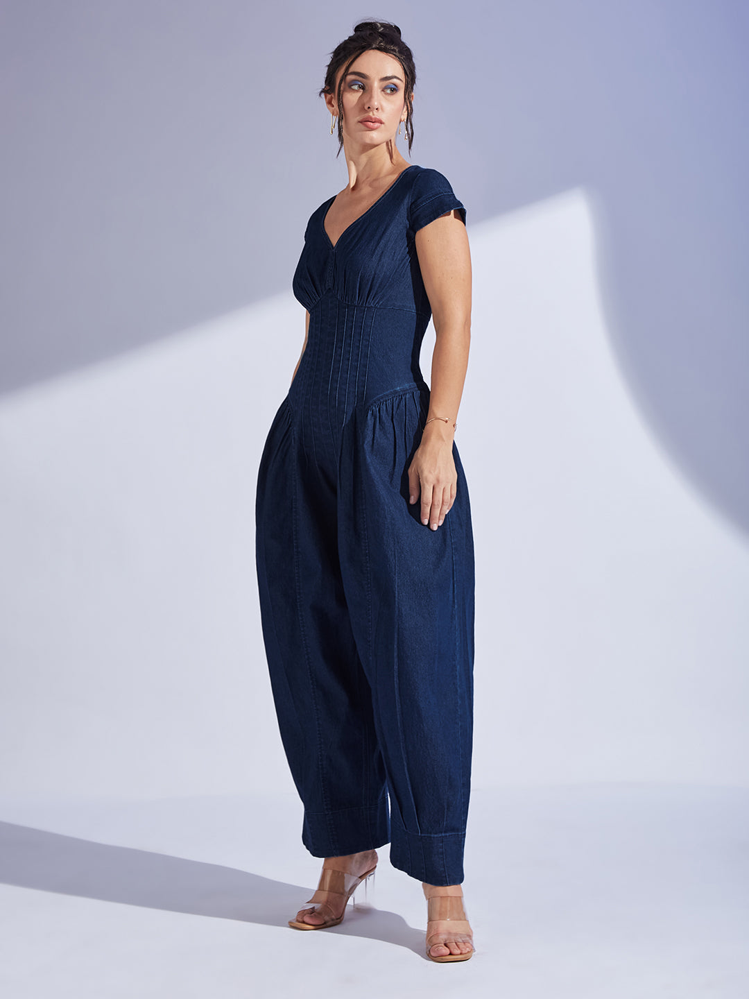 Women's Navy Blue Scoop Neck Cap Sleeve Pin Tucked Dhoti Style Denim Jumpsuit