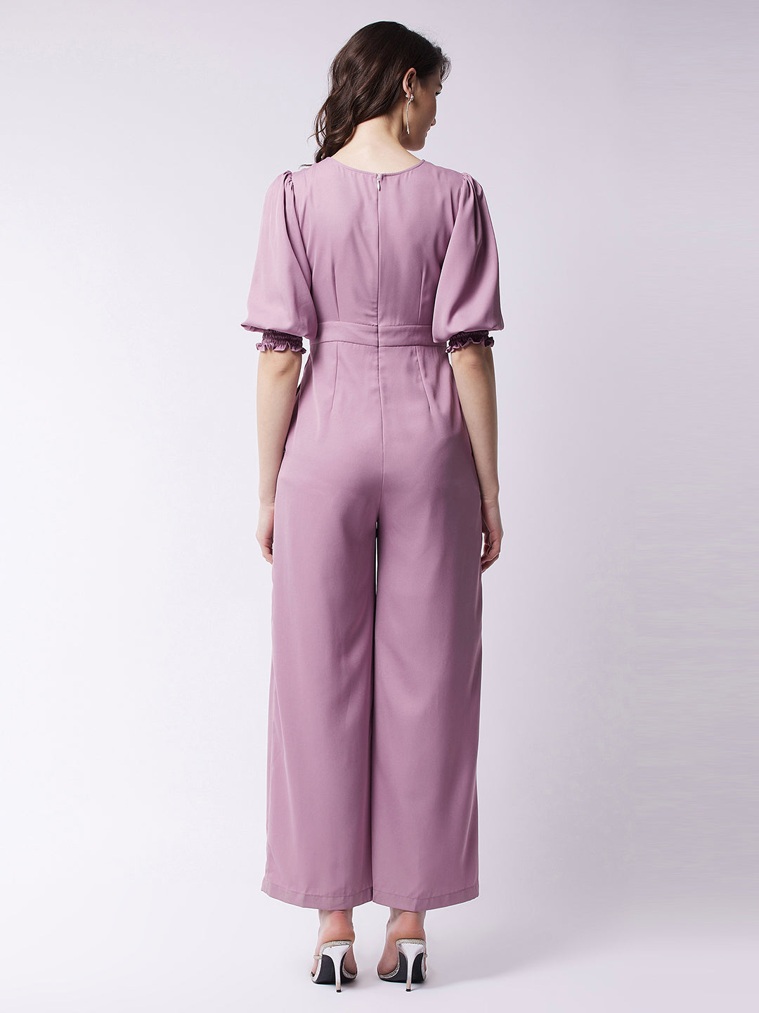 Women's Lavender V neck 3/4th Sleeve Solid Pleated Regular Jumpsuit