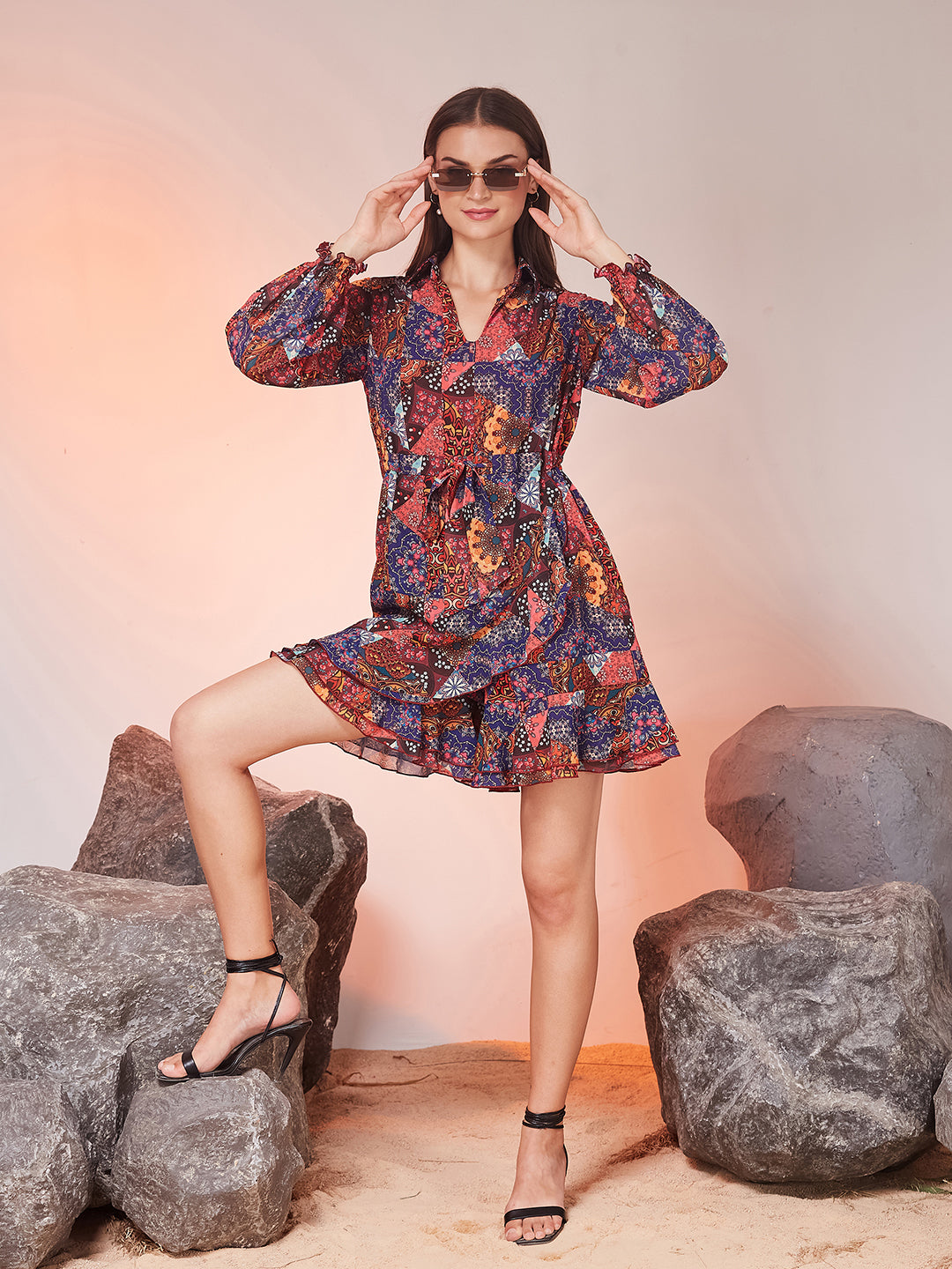 Multicoloured Shirt Collar Bishop Sleeve Printed Bohemian Short Georgette Playsuit for Women