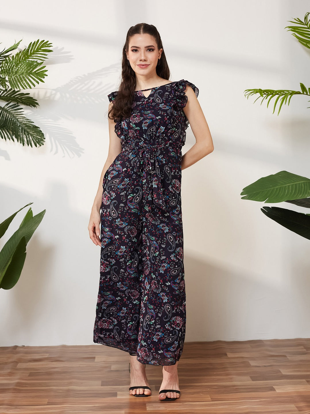 Navy Blue Round Neck Sleeveless Floral Wide Leg Regular Jumpsuit for Women