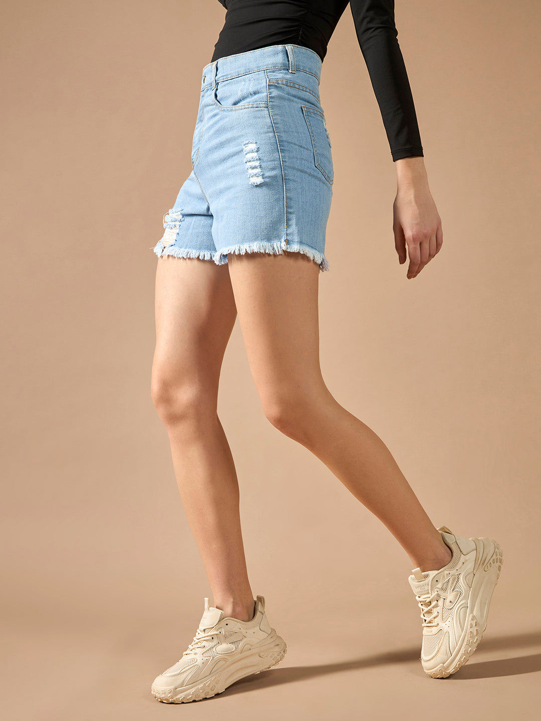 Women's Blue Relaxed Fit Mid Rise Highly Distressed Regular Length Denim Shorts