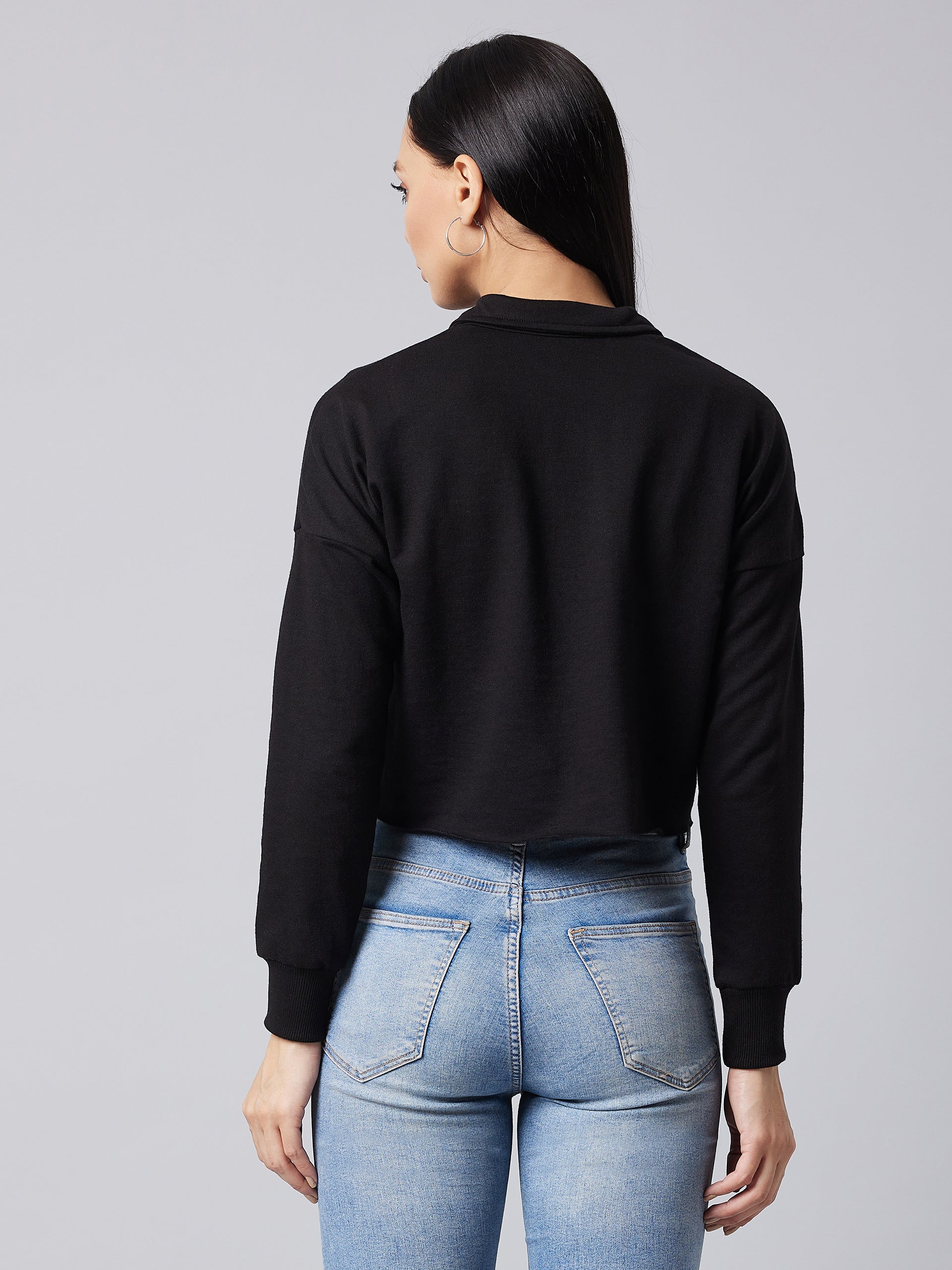 Women's Black Collared Full Sleeve Solid Boxy Crop Sweatshirt