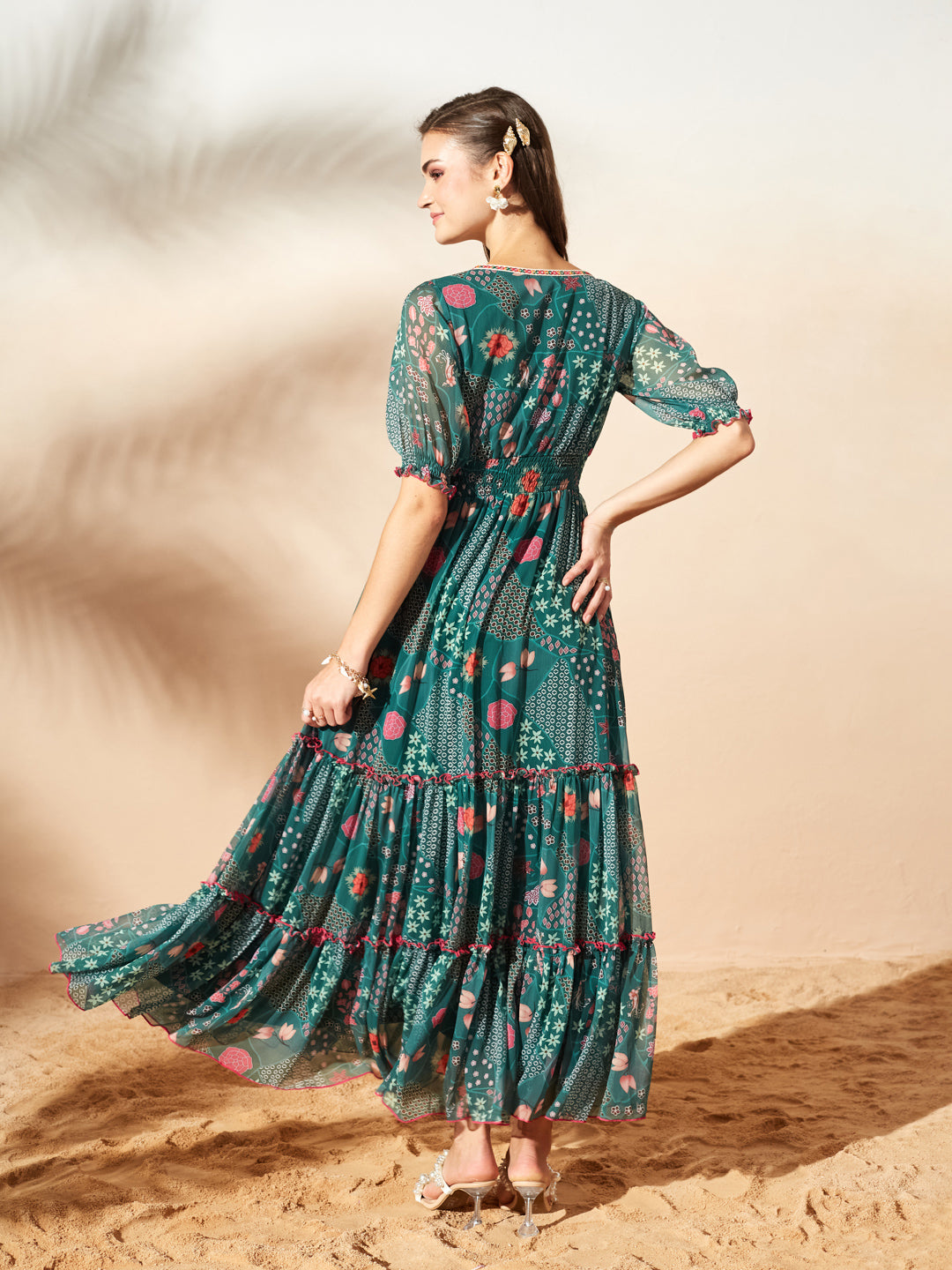 Emerald Green V-Neck Puff Bohemian Overlap/ Tiered Maxi Chiffon Ethnic Dress for Women — Miss Chase