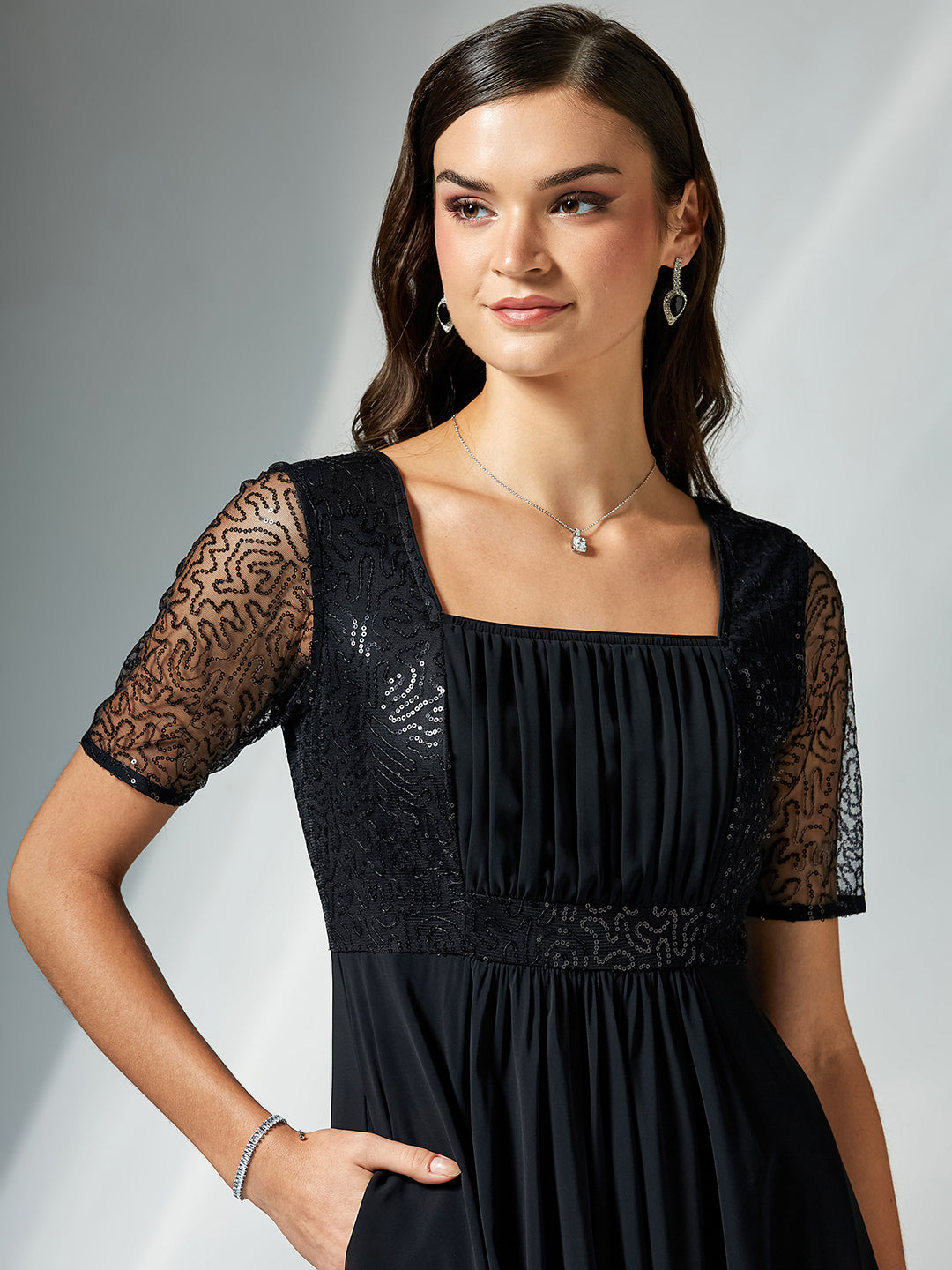 Black Square Neck Half Sleeve Solid Embellished Maxi Dress for Women — Miss Chase