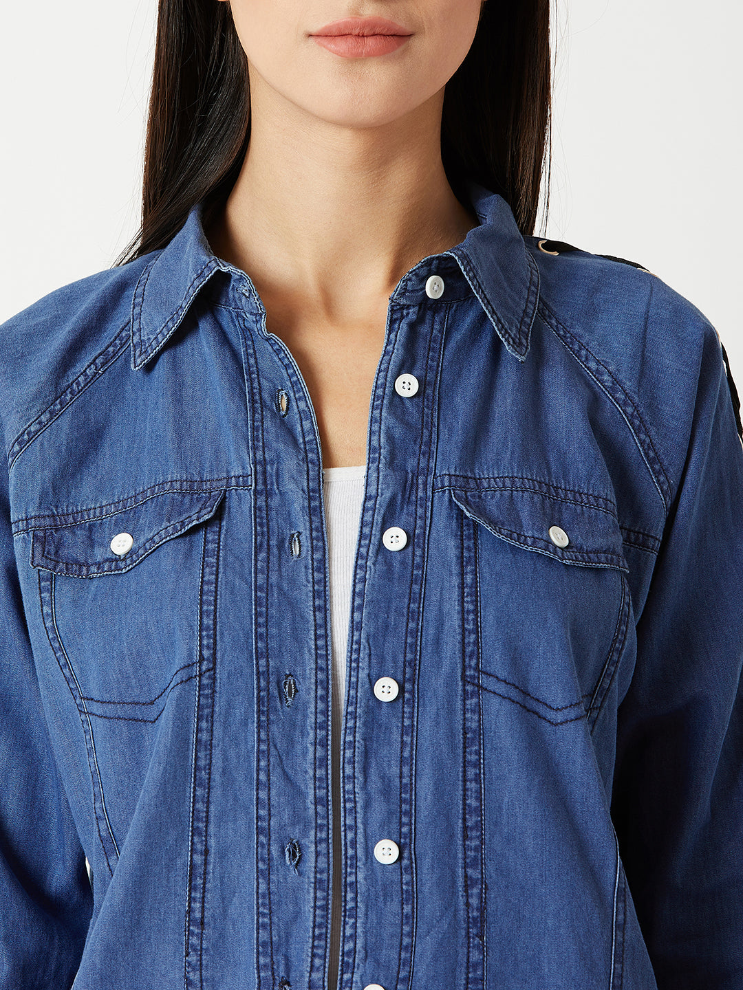 Women's Blue Polo Neck Full Sleeve Buttoned Eyelet And Twill Tape Detailing Solid Bomber Denim Jacket