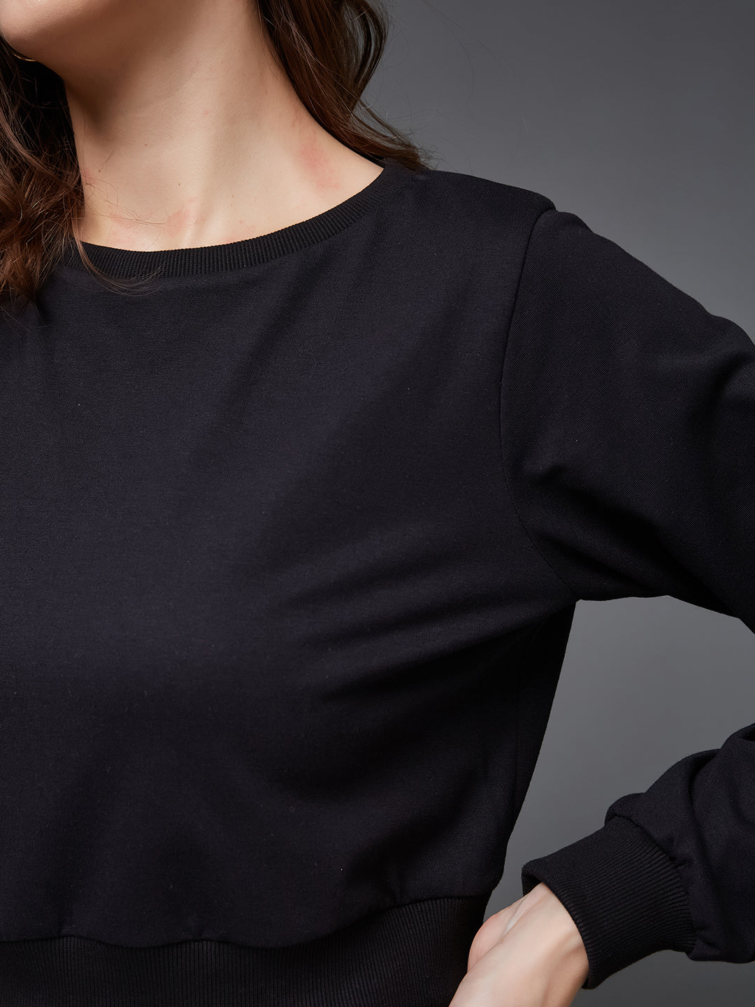 Women's Black Round Neck Full Sleeves Oversized Boxy Crop Top