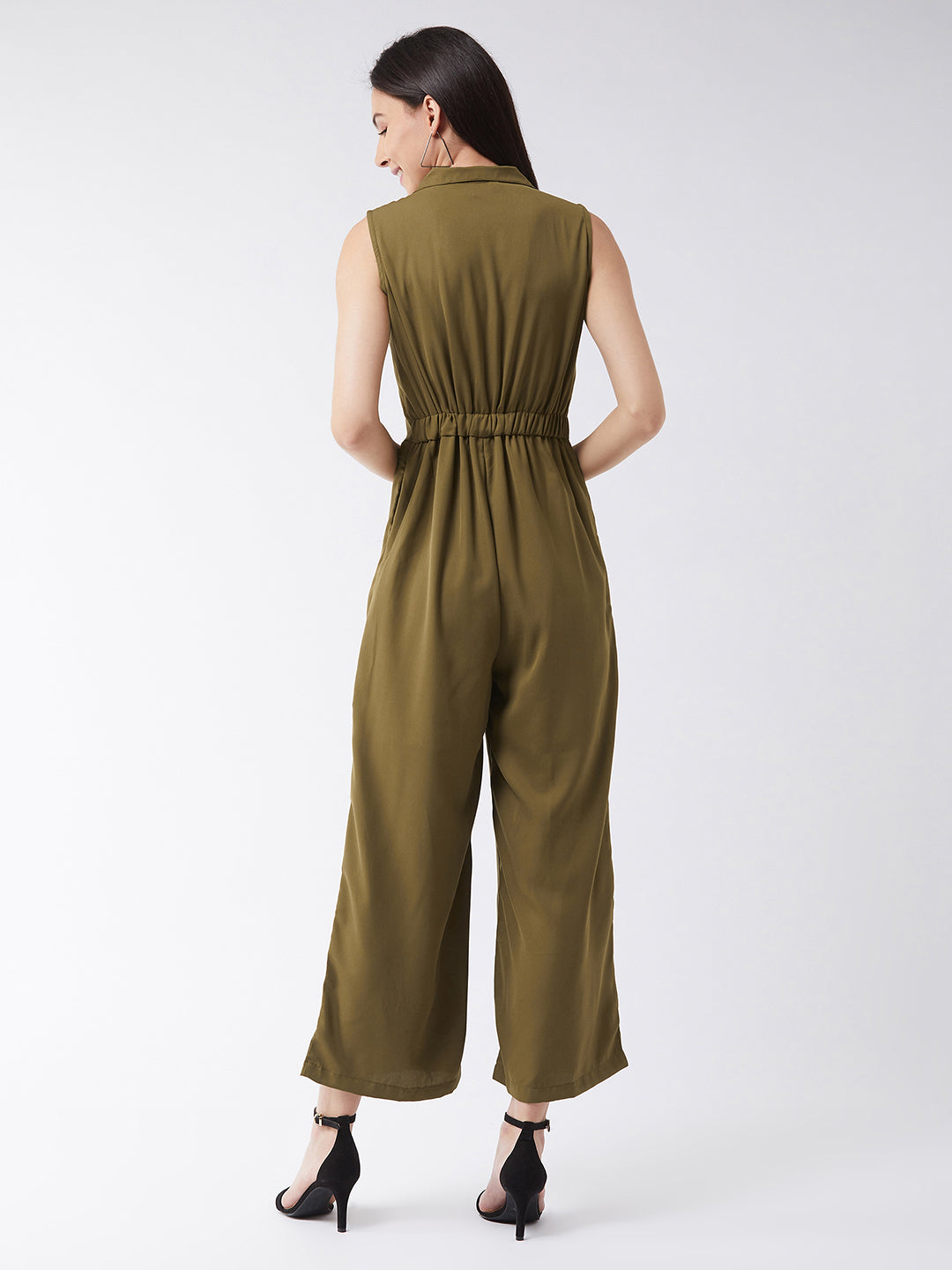 Women's Olive Green Solid Regular Length V - Neck Sleeveless Front Pleat Wide Leg Jumpsuit