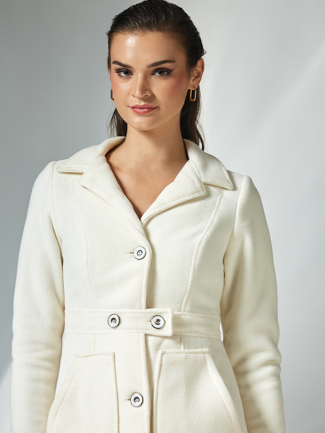 Off White Solid Shirt Collar Full Sleeves Patched Pocketed Polyester Longline Winter Wear Jacket for Women