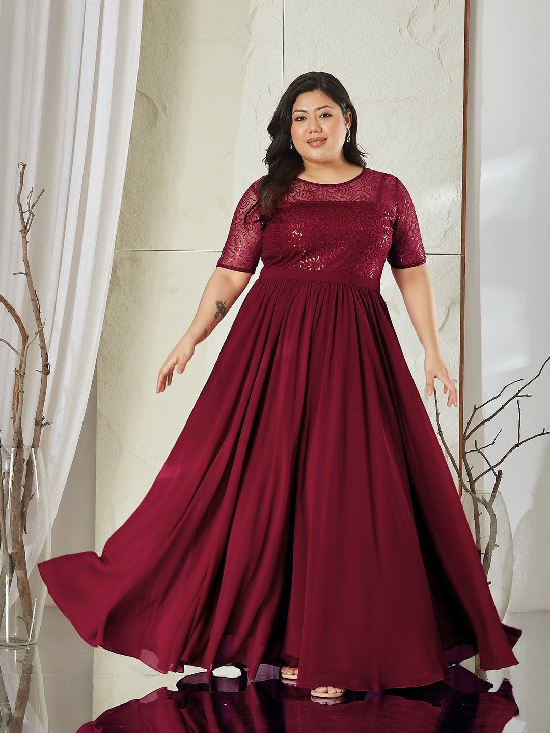 Maaroon Relaxed Fit Maxi Georgette & Sequins Dress for Women
