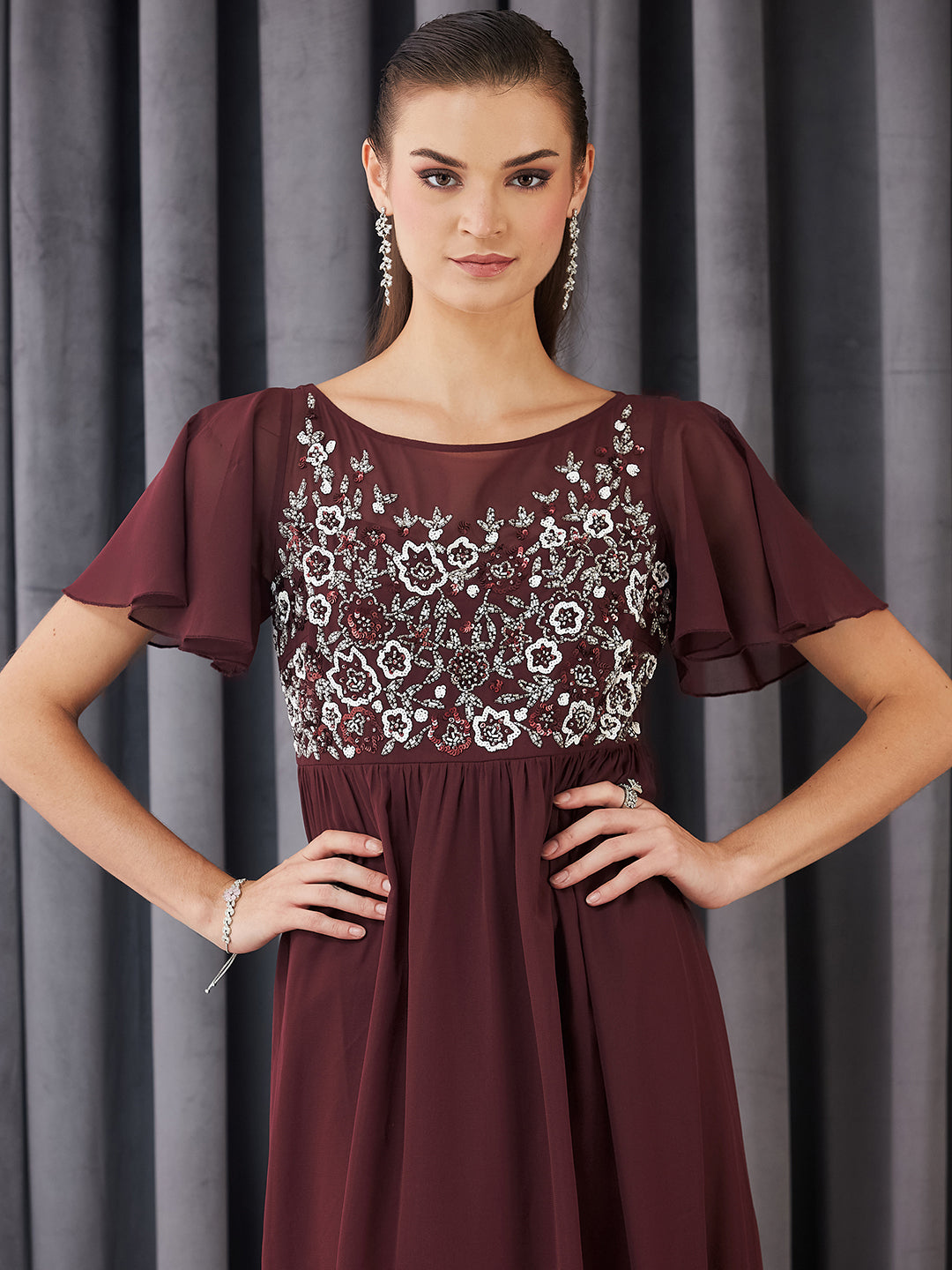 Women's Wine Boat Neck Half Sleeve Solid Embellished Georgette Maxi Dress