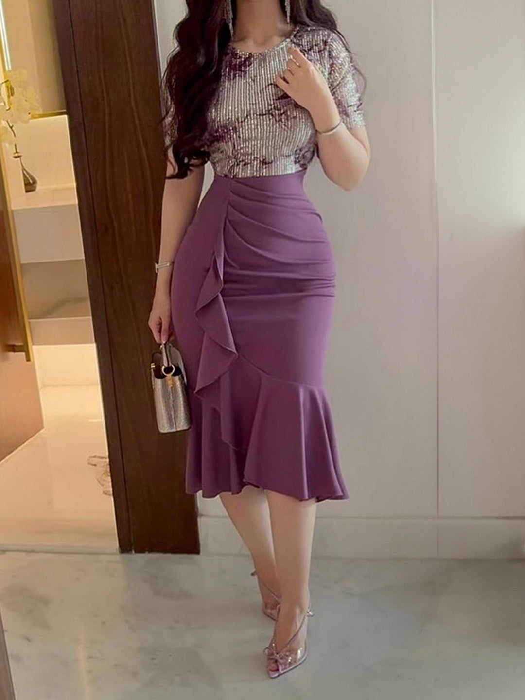 Women's Dark Lavender Round-Neck Regular Sleeve Abstract Ruffled Polyester Knee-Long Dress
