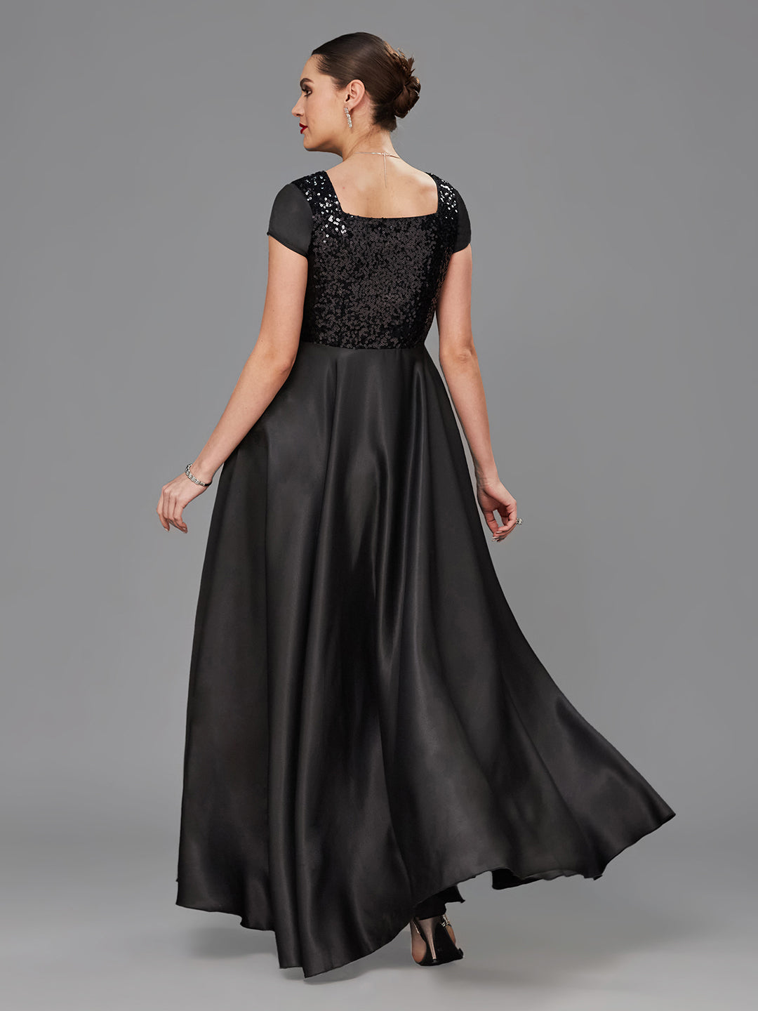Women's Black Square Neck Short Sleeve Embellished Polyester Fit & Flare Maxi Dress