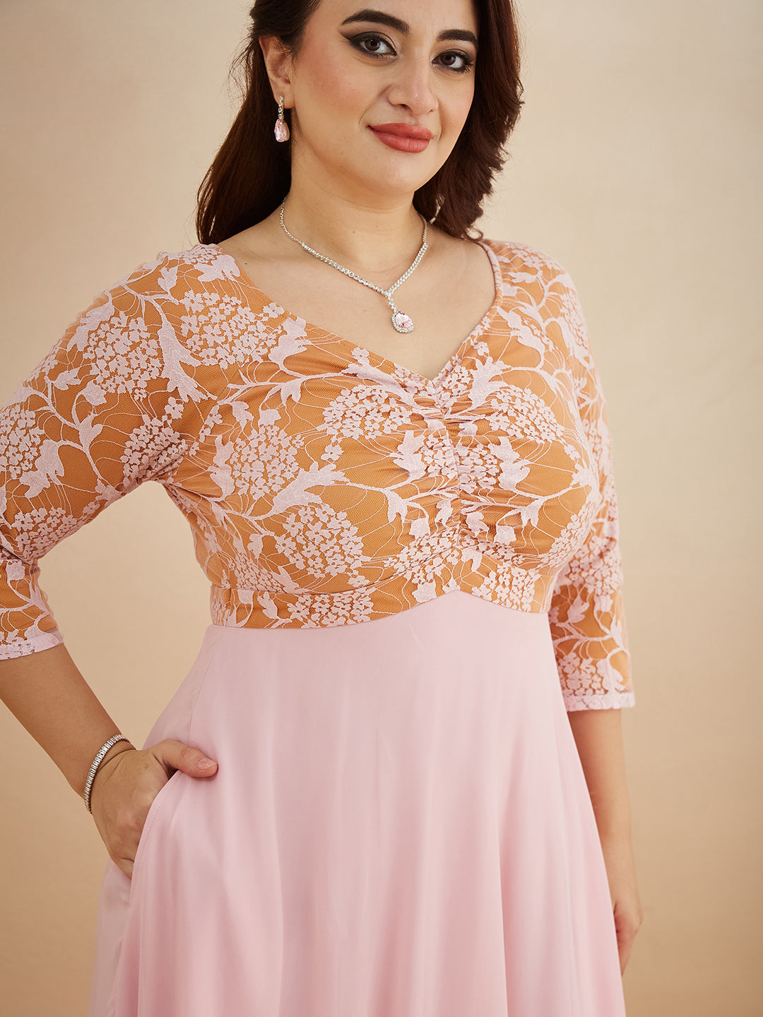 Dusty Pink V-Neck Raglan-Sleeve Self-Designed Empire-Styled Georgette Maxi Dress for Women — Miss Chase A+