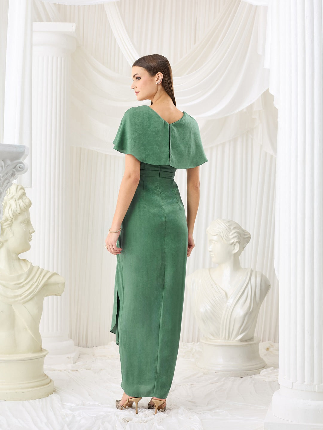 Siege Green Sweetheart-Neck Cape Embellished Draped Satin Maxi Dress for Women