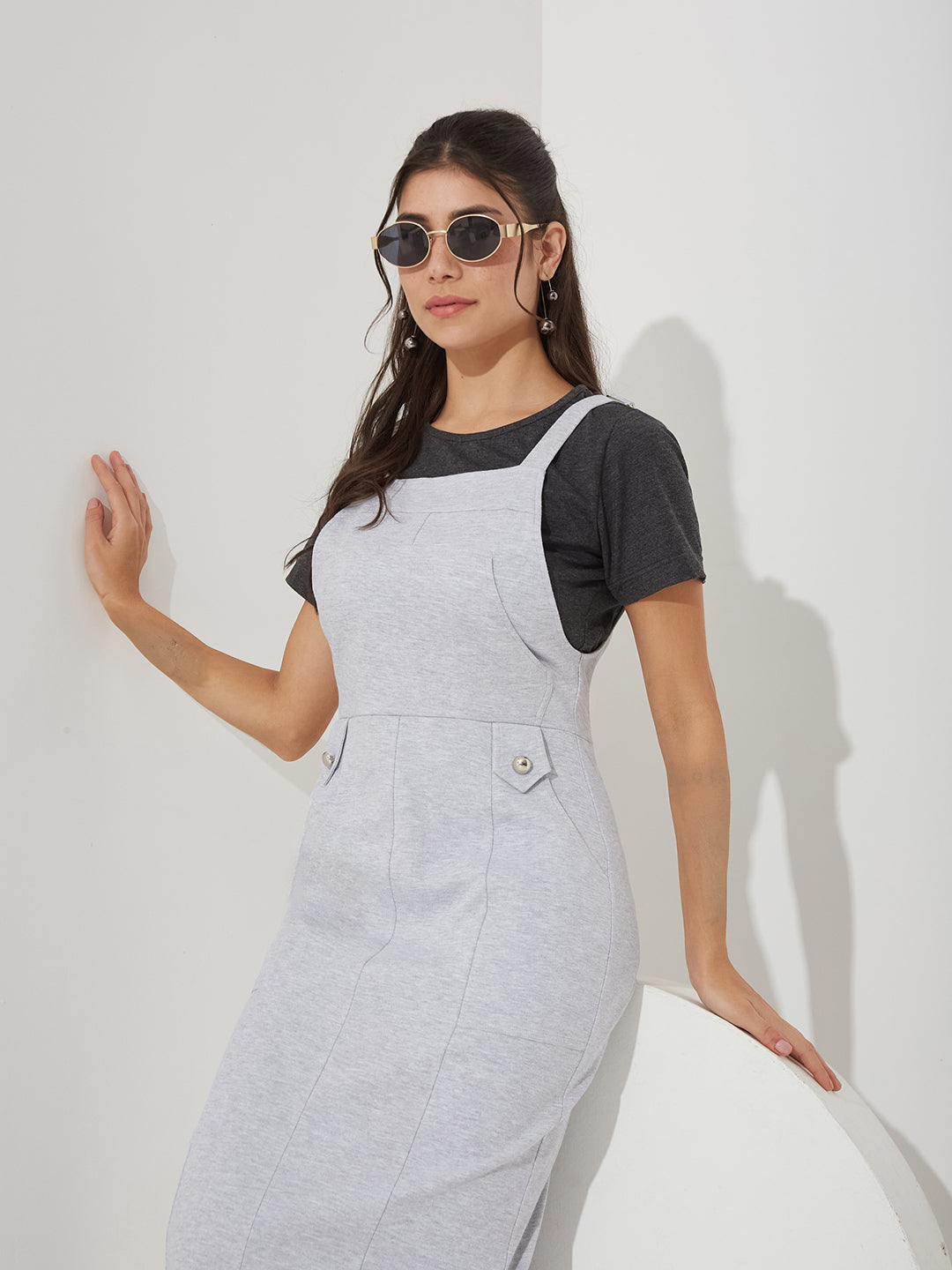 Grey and Black Solid Cotton Pinafore Maxi Co-ord Set with Utility Pockets for Women — Miss Chase