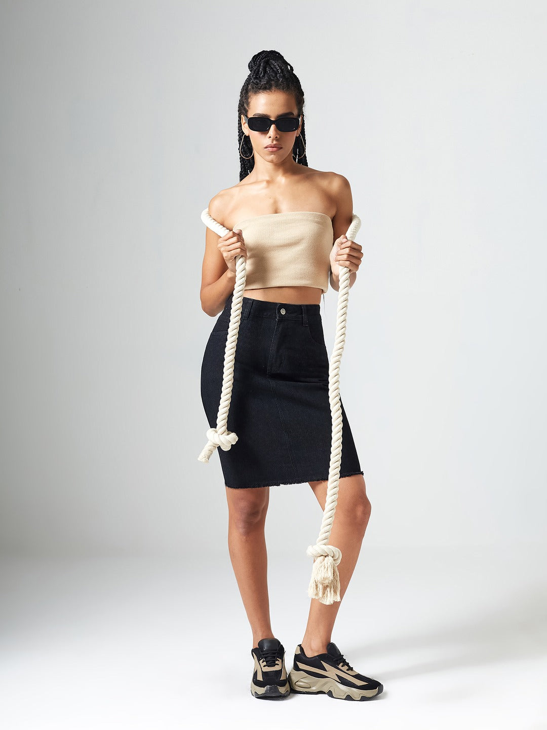 Black Bodycon High Rise Clean Look Above Knee Denim Skirt for Women