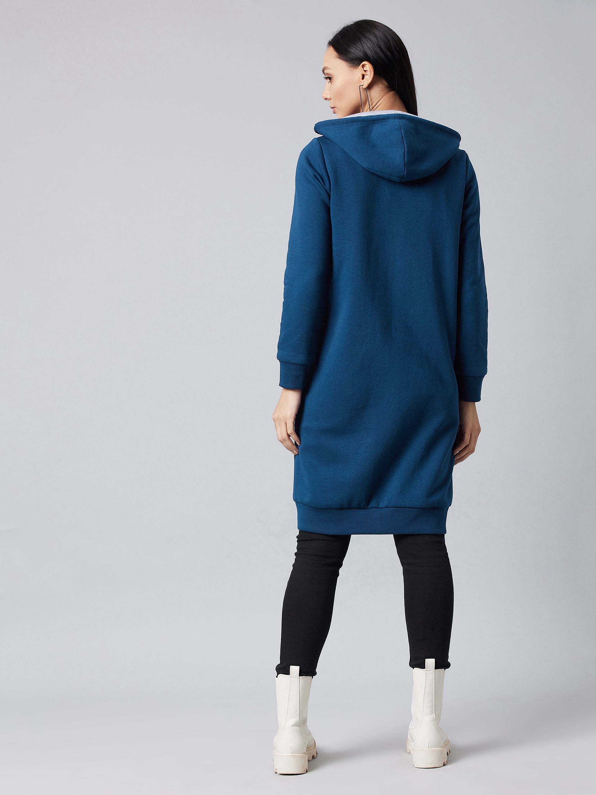 Women's Navy Blue Hooded Full Sleeve Solid Hooded Knee Length Dress