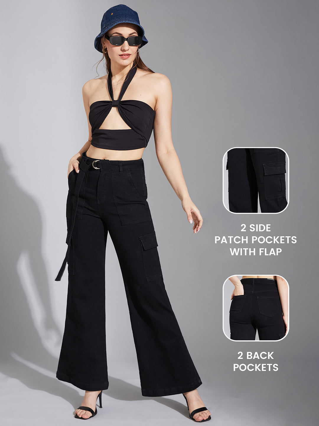 Women's Black Wide-Leg High-Rise Clean-Look Regular Stretchable Denim Jeans