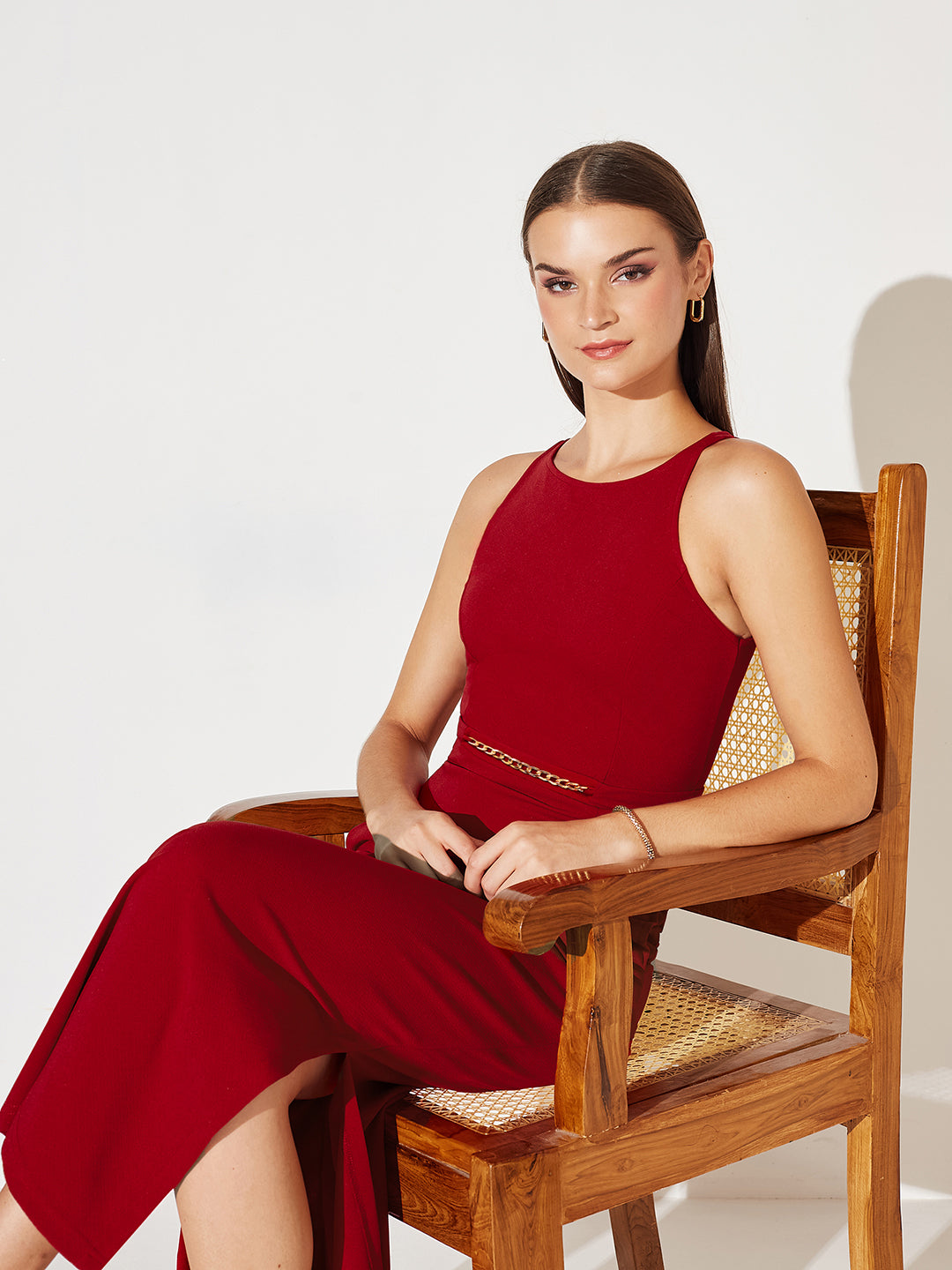 Women's Cherry Red Solid Slim Fit Round Neck Sleeveless Maxi Dress