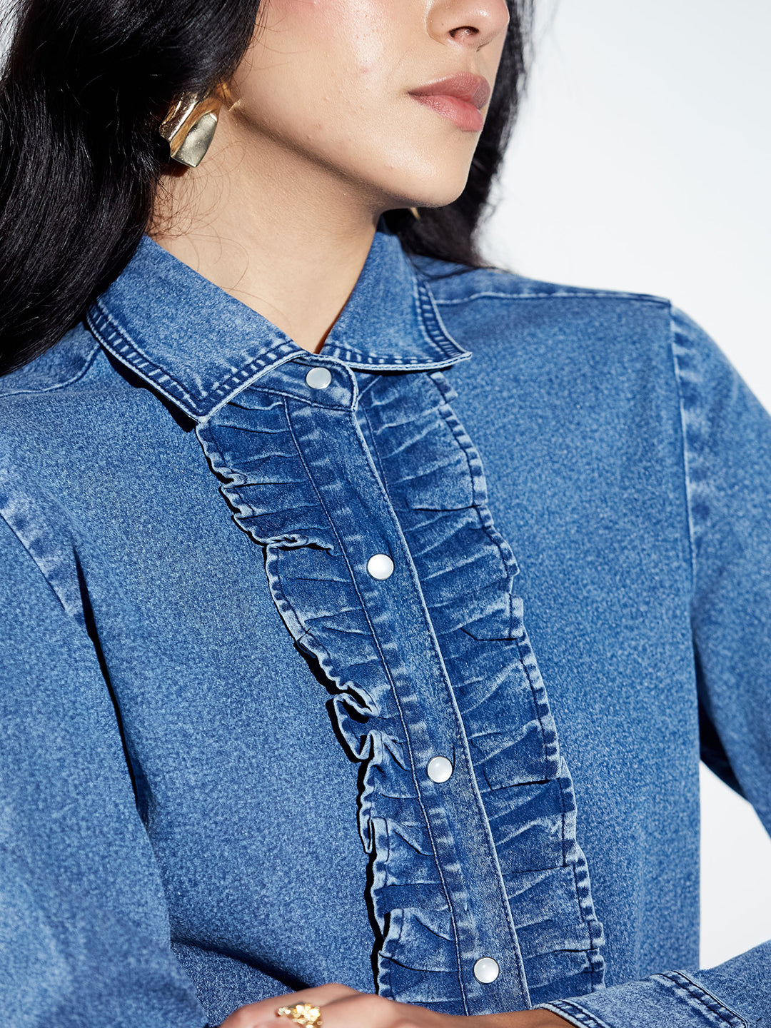 Navy Blue Ruffled Placket Denim Shirt with Pearl Buttons for Women