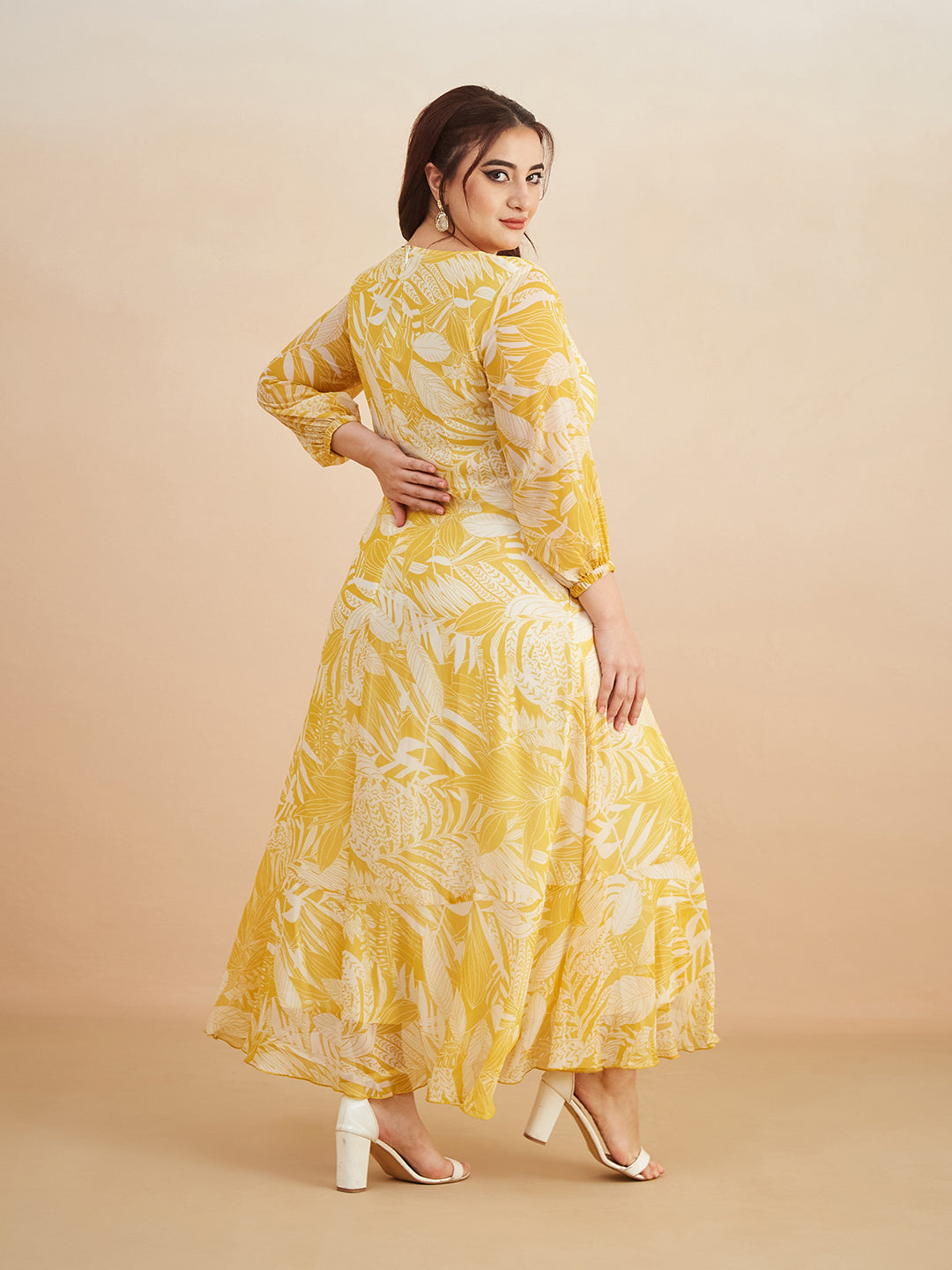 Yellow & White V neck Full sleeve Floral Layered Maxi Dress for Women