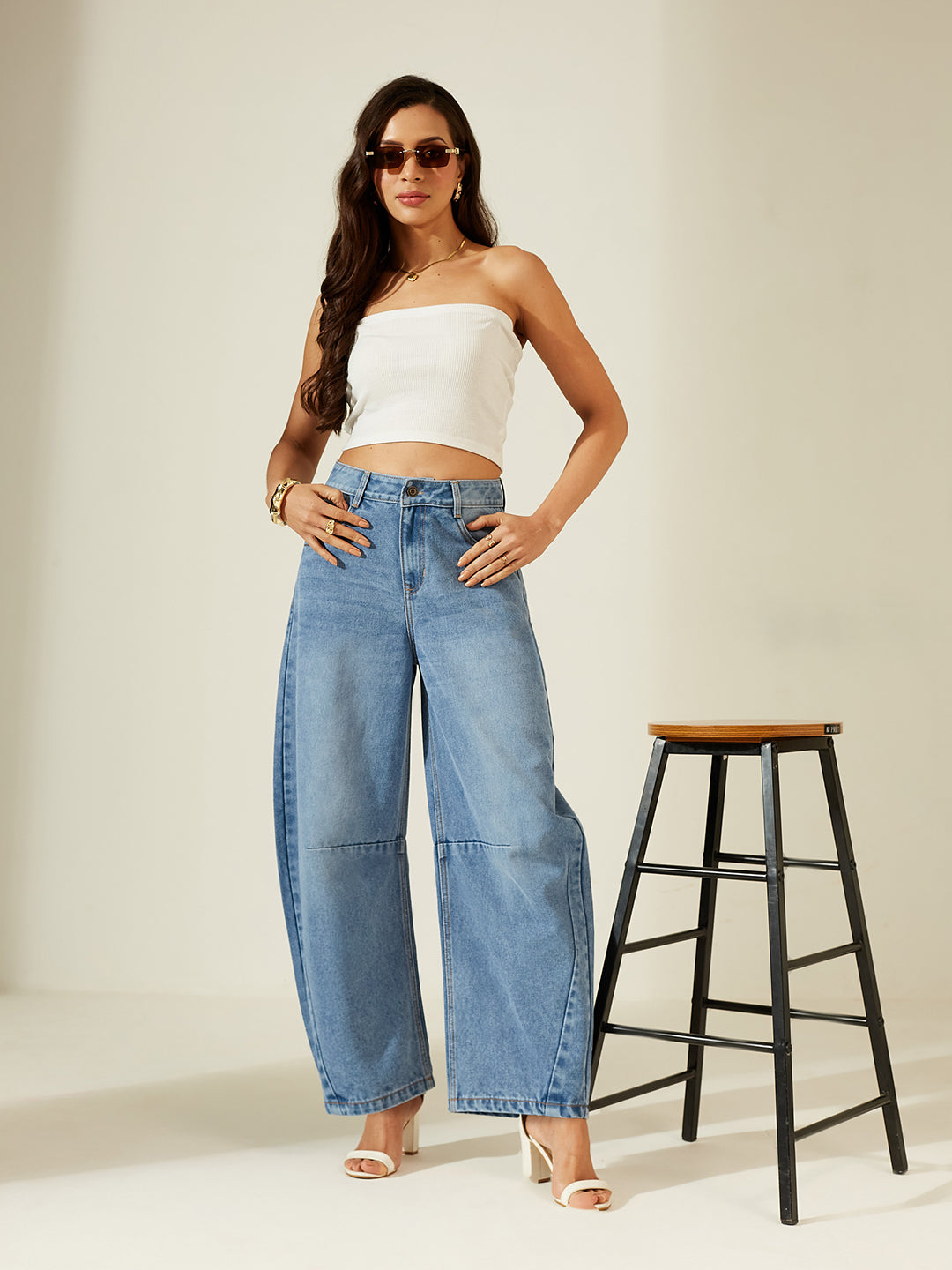 Women’s Mid Blue High Rise Barrel Fit Denim Jeans with Whiskering & Knee Dart Detailing