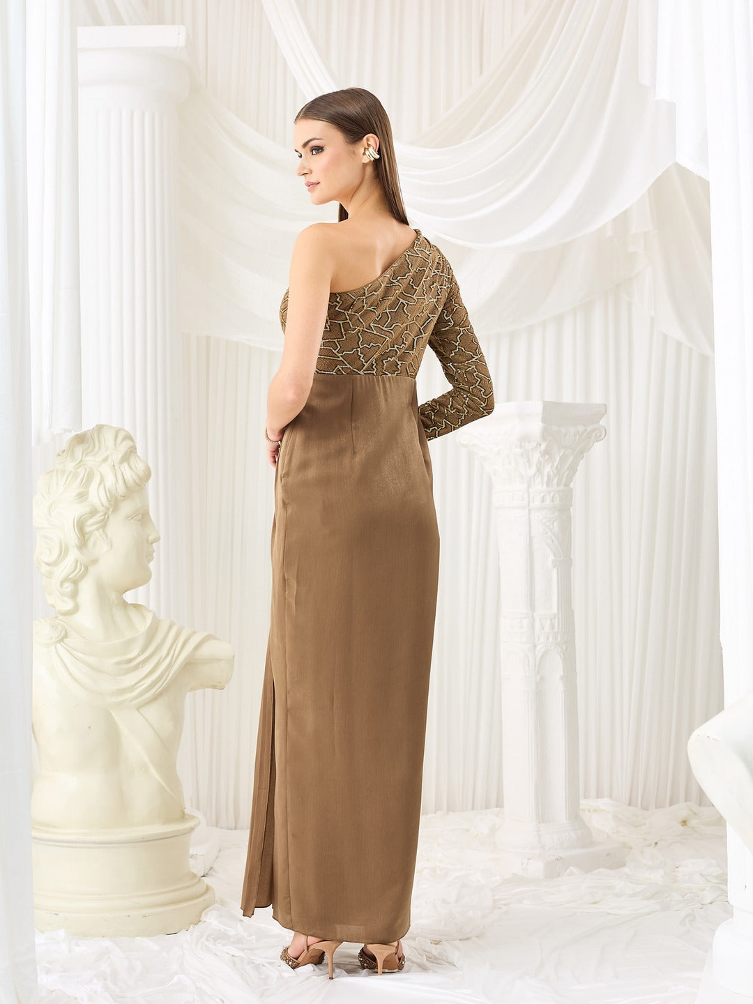 Dark Beige One Shoulder Full-Sleeve Embellished Draped Velvet Maxi Dress for Women