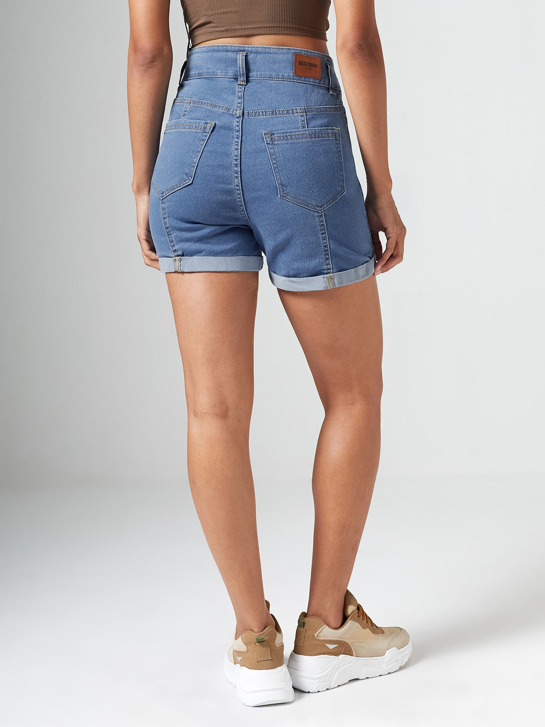 Blue Relaxed-Fit High-Rise Clean-Look Stretchable Blue Denim Shorts for Women