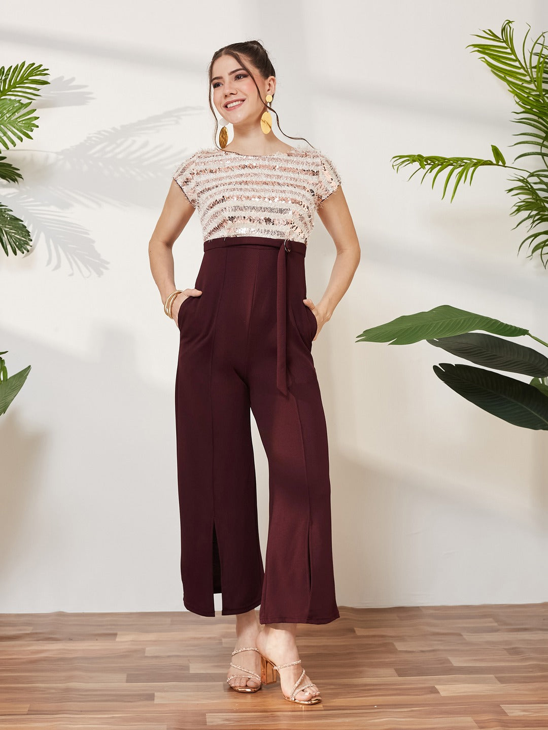 Wine & Beige Round Neck Short Sleeve Embellished Front Slit Fringed Regular Jumpsuit for Women