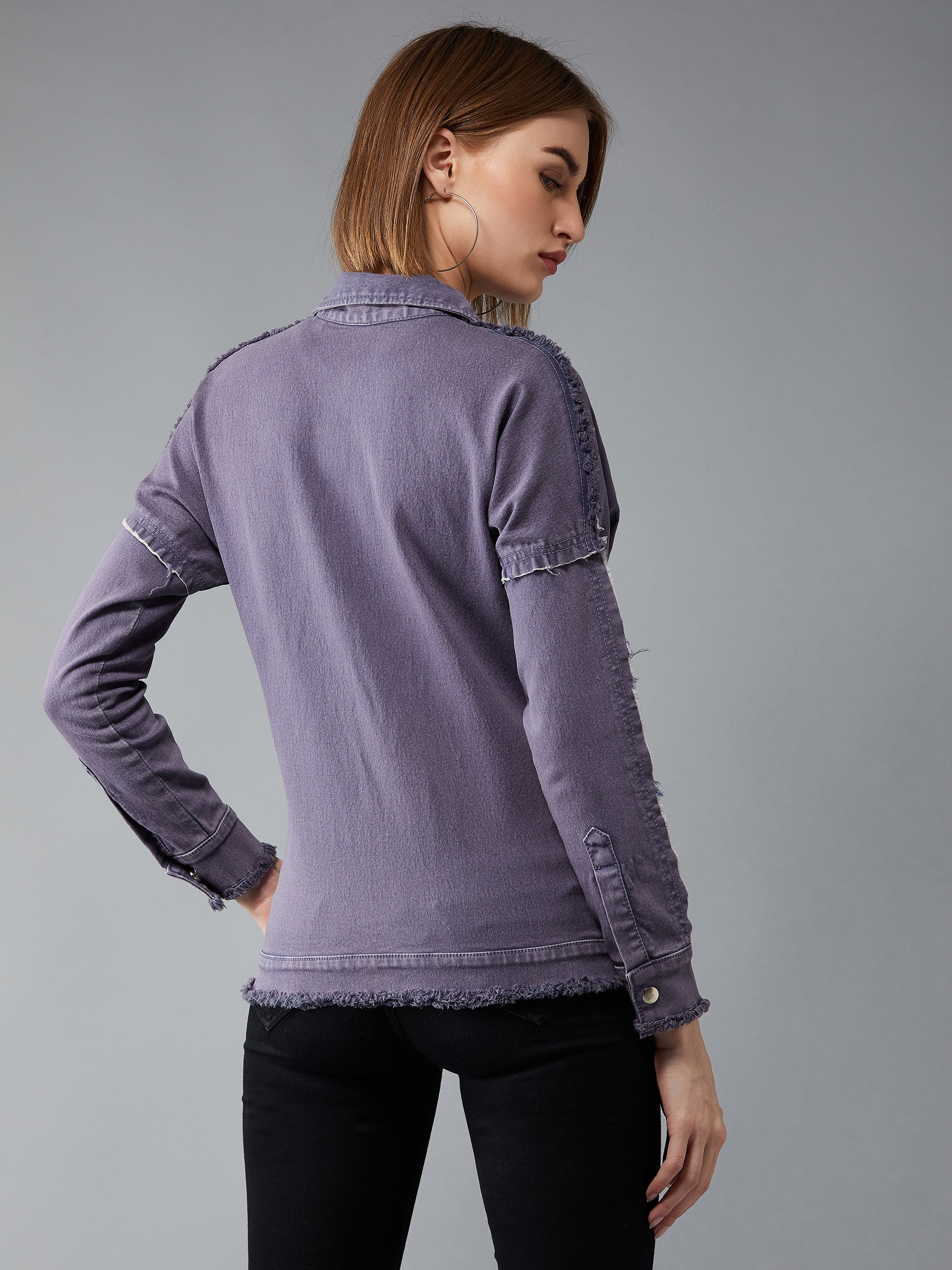 Women's Lilac Polo Neck Full Sleeves Denim Bomber Regular Length Jacket