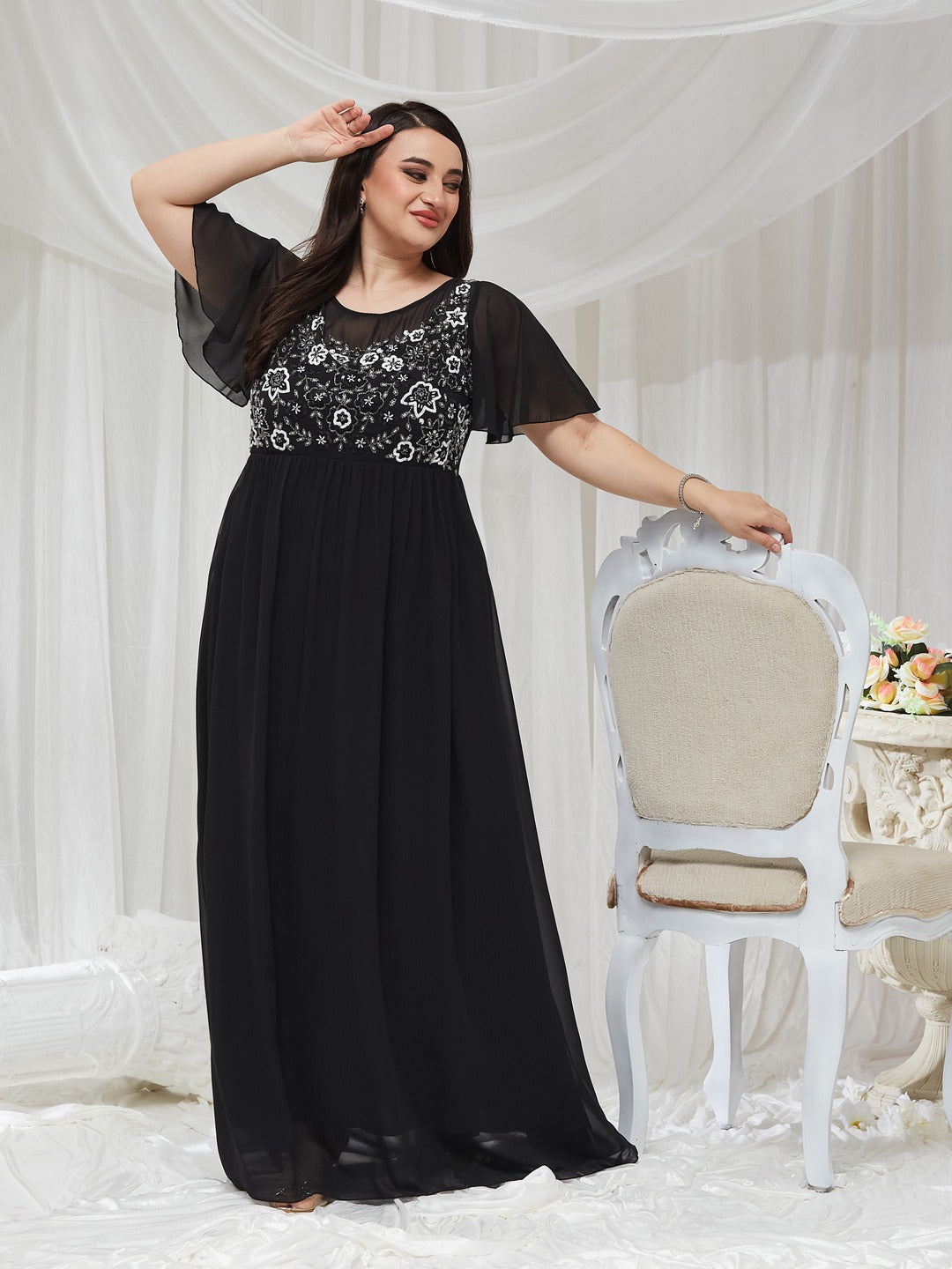 Black Embellished Gathered Maxi Dress for Women — Miss Chase A+