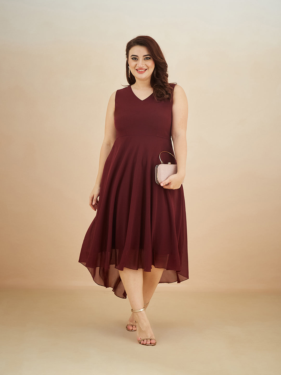 Wine Red V-Neck Sleeveless Solid High-Low Midi Skater Dress for Women — Miss Chase A+