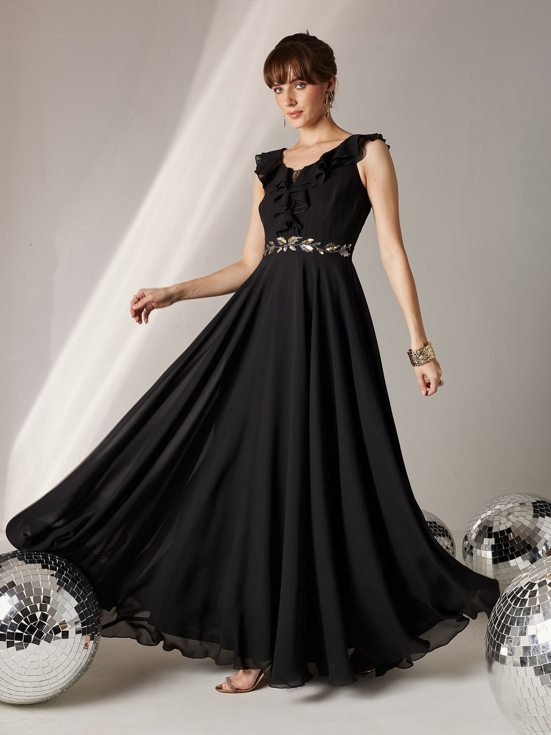 Black Sleeveless Embroidered Ruffled Georgette Maxi Dress for Women