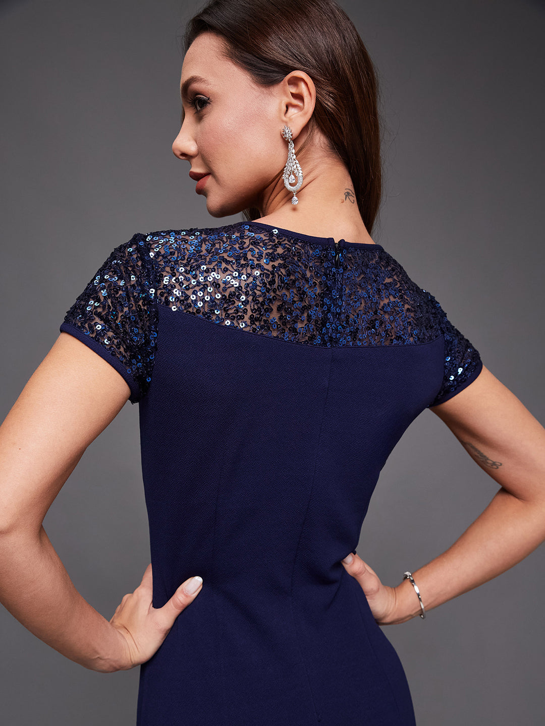 Women's Navy Blue Round Neck Cap Sleeves Sequin Paneled Solid Bodycon Maxi Dress