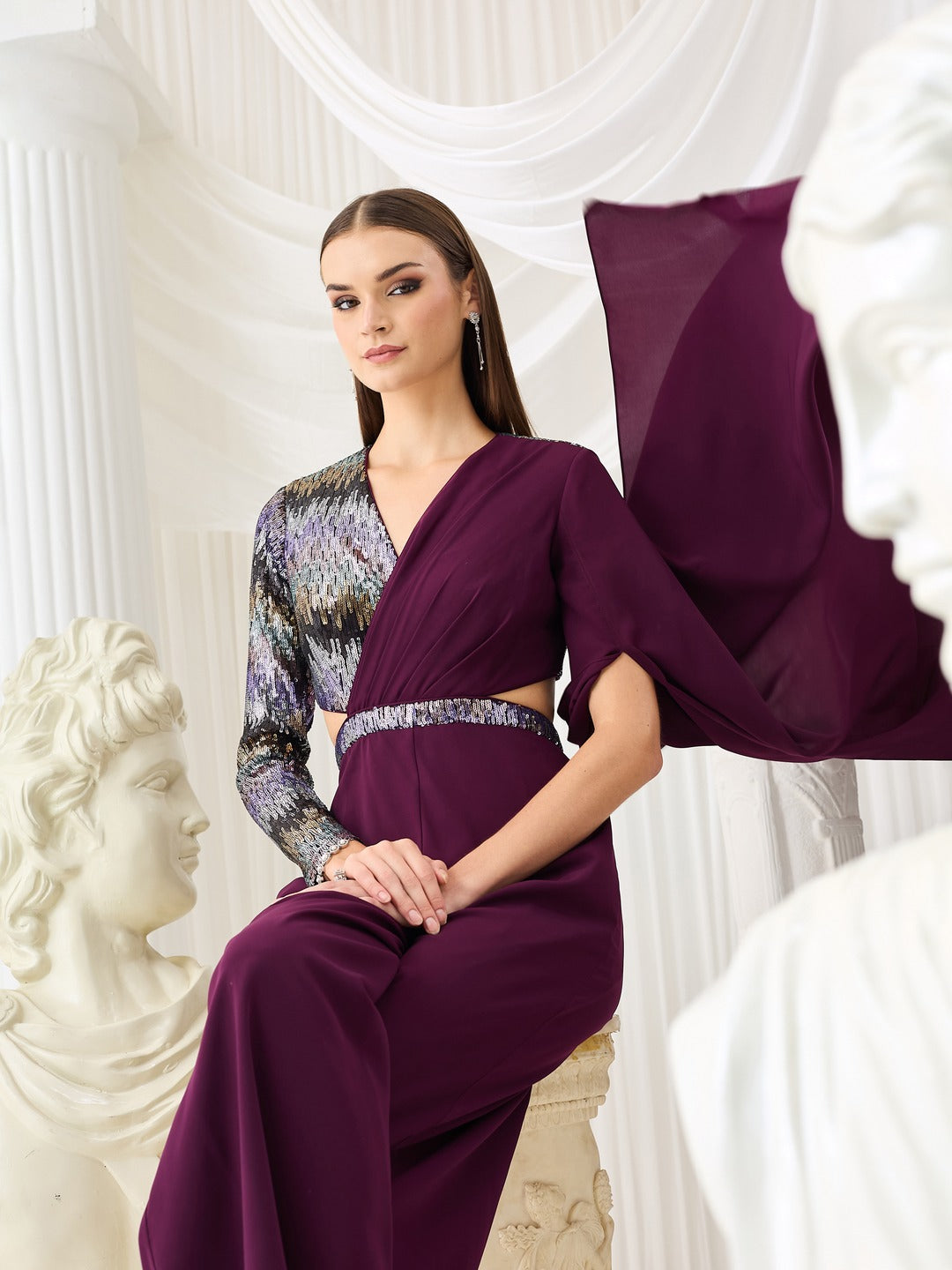 Luxe Georgette Jumpsuit in Dark Purple with Asymmetric Draping for Women