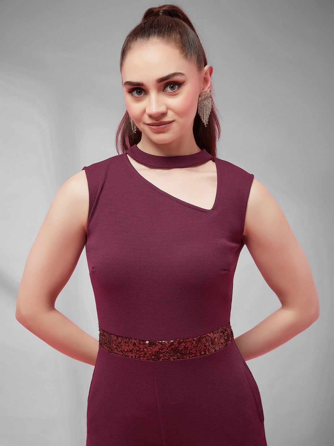 Wine Collared Sleeveless Solid Asymmetric Neck Cut-Out Regular Length Jumpsuit for Women