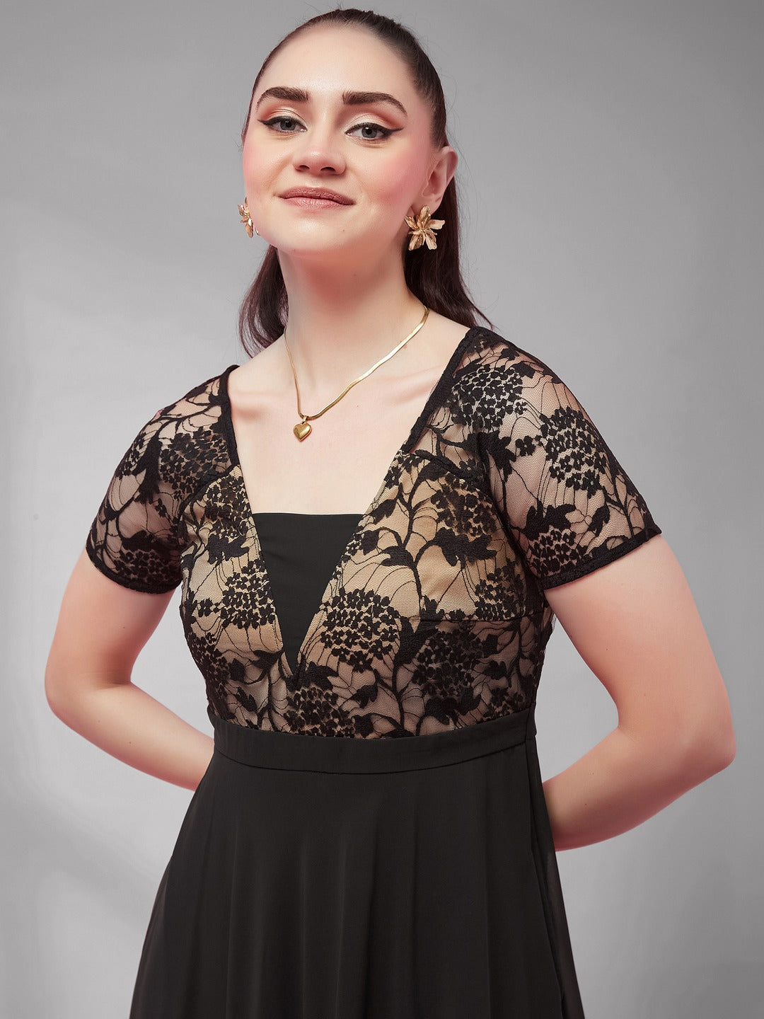 Black Square Neck Raglan Short Sleeve Self Design Lace Overlaid Georgette Maxi Dress for Women