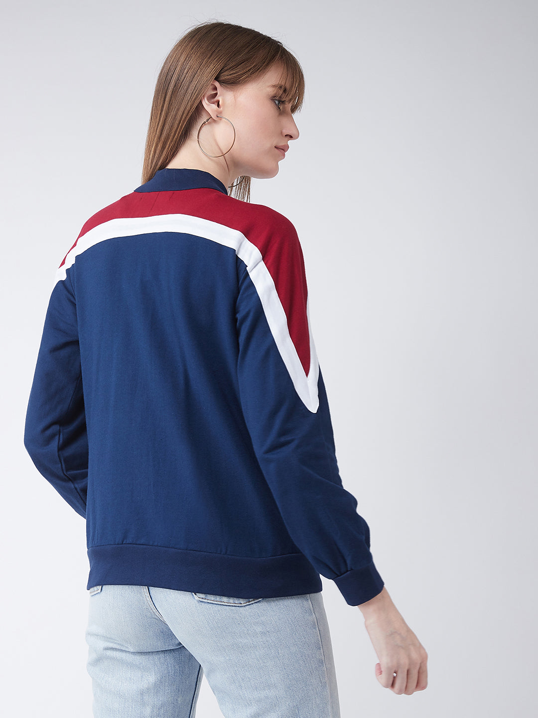 Women's Multicolored-Base-Navy Blue Turtle-neck Full sleeves Solid Color-Block Regular Jacket