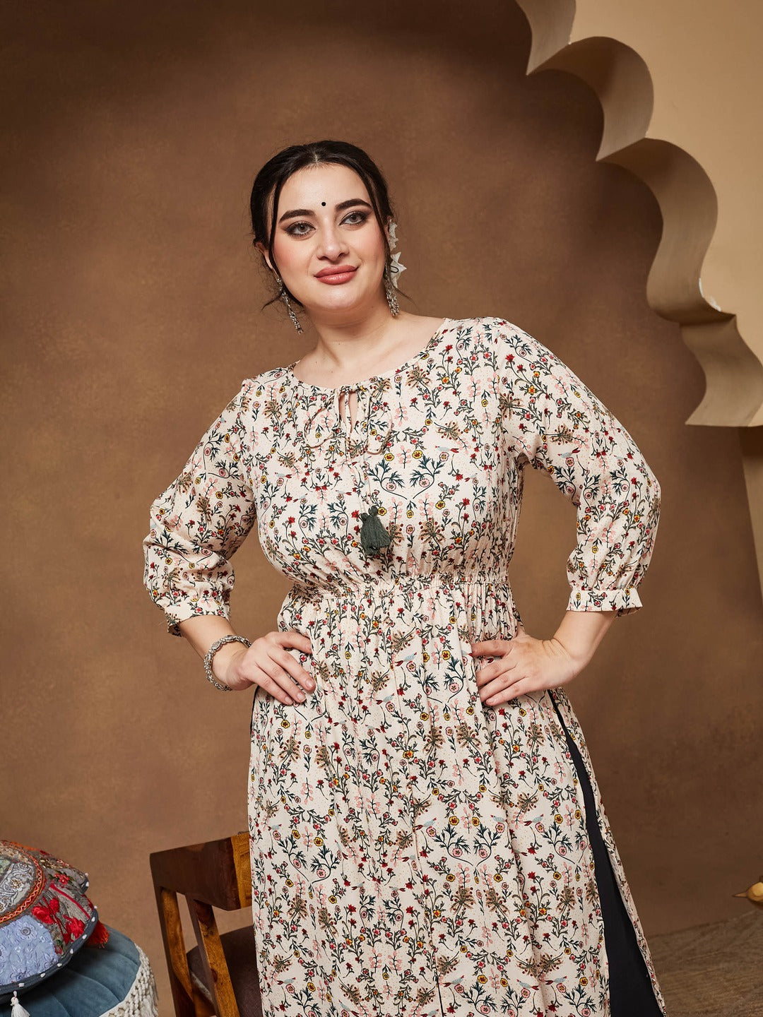 Round Neck 3/4 Sleeve Floral Tie-Up Tassel Detailing Front Slit Maxi Top for Women — Miss Chase A+