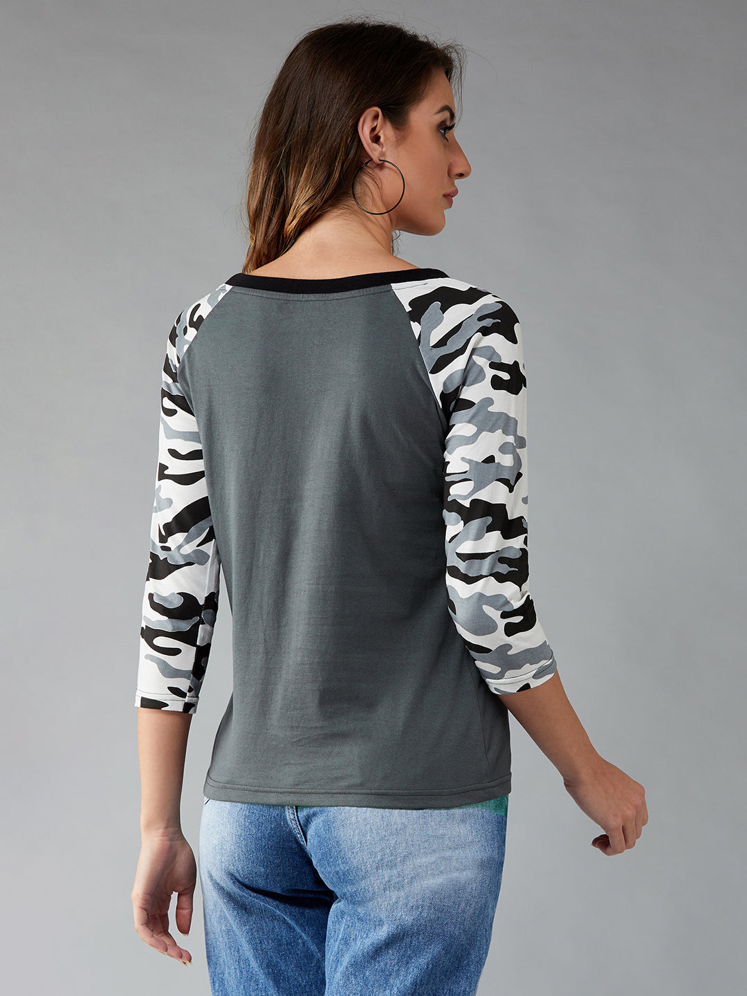 Women's Charcoal grey Round Neck 3/4th Sleeve Printed Basic Regular T-Shirt