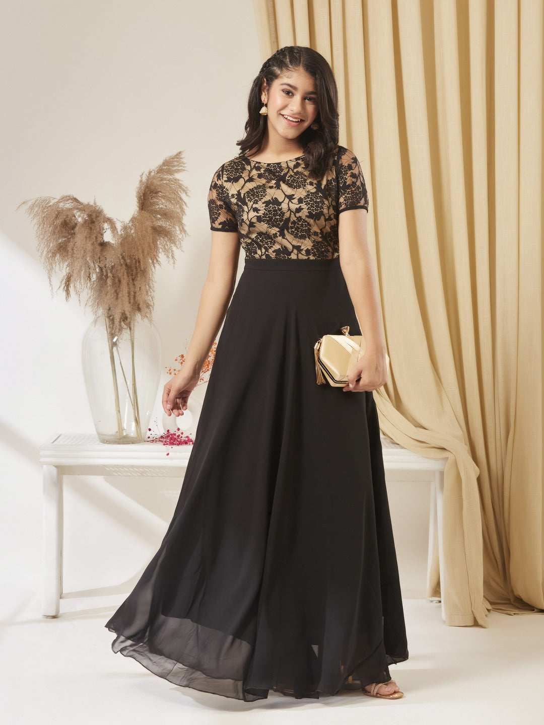 Black Round Neck Half Sleeve Self Design Fit & Flare Georgette Maxi Dress for Girls/Teenagers