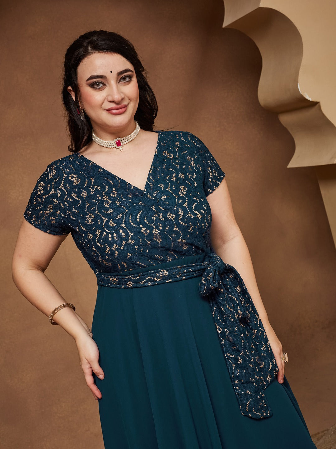 Teal V-Neck Short-Sleeve Self-Designed Lace Overlaid Georgette Maxi Dress for Women — Miss Chase A+