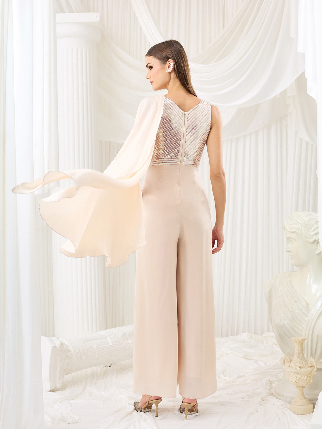 Ivory V-Neck Jumpsuit in Embellished Pleated Luxe Satin for Women