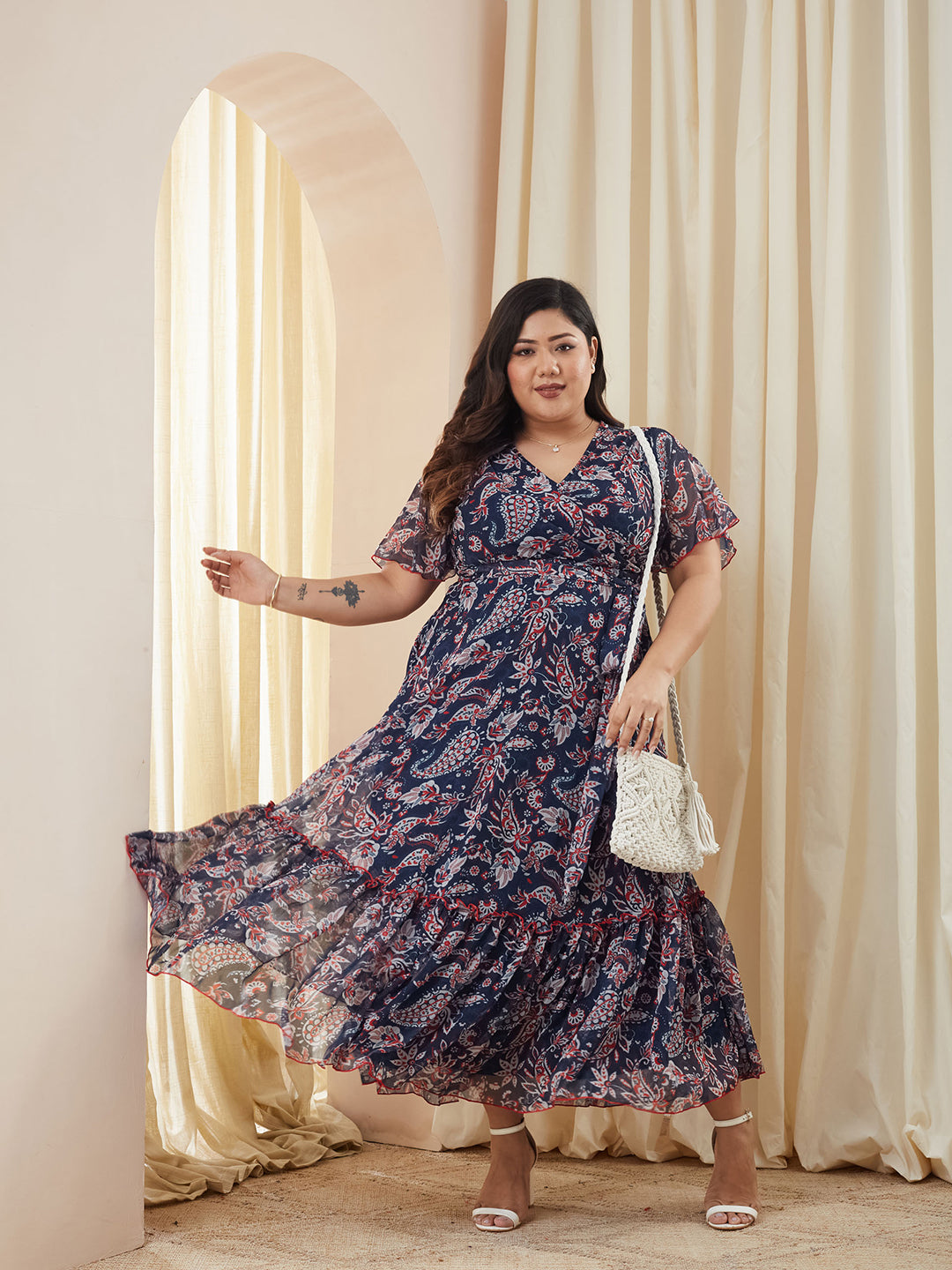 Multicolored Navy Floral Wrap Chiffon Maxi Dress with Flutter Sleeves & Frilled Hem for Women — Miss Chase A+