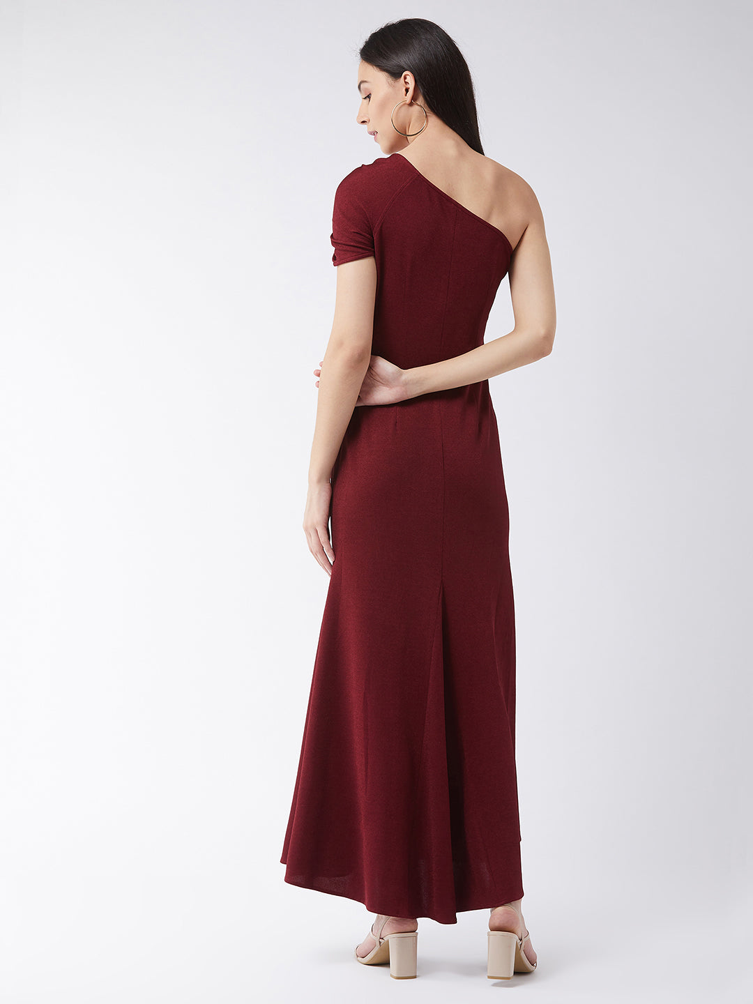 Crease Ease Women's Maroon One-Shoulder Half Sleeve Solid Ruching Maxi Dress