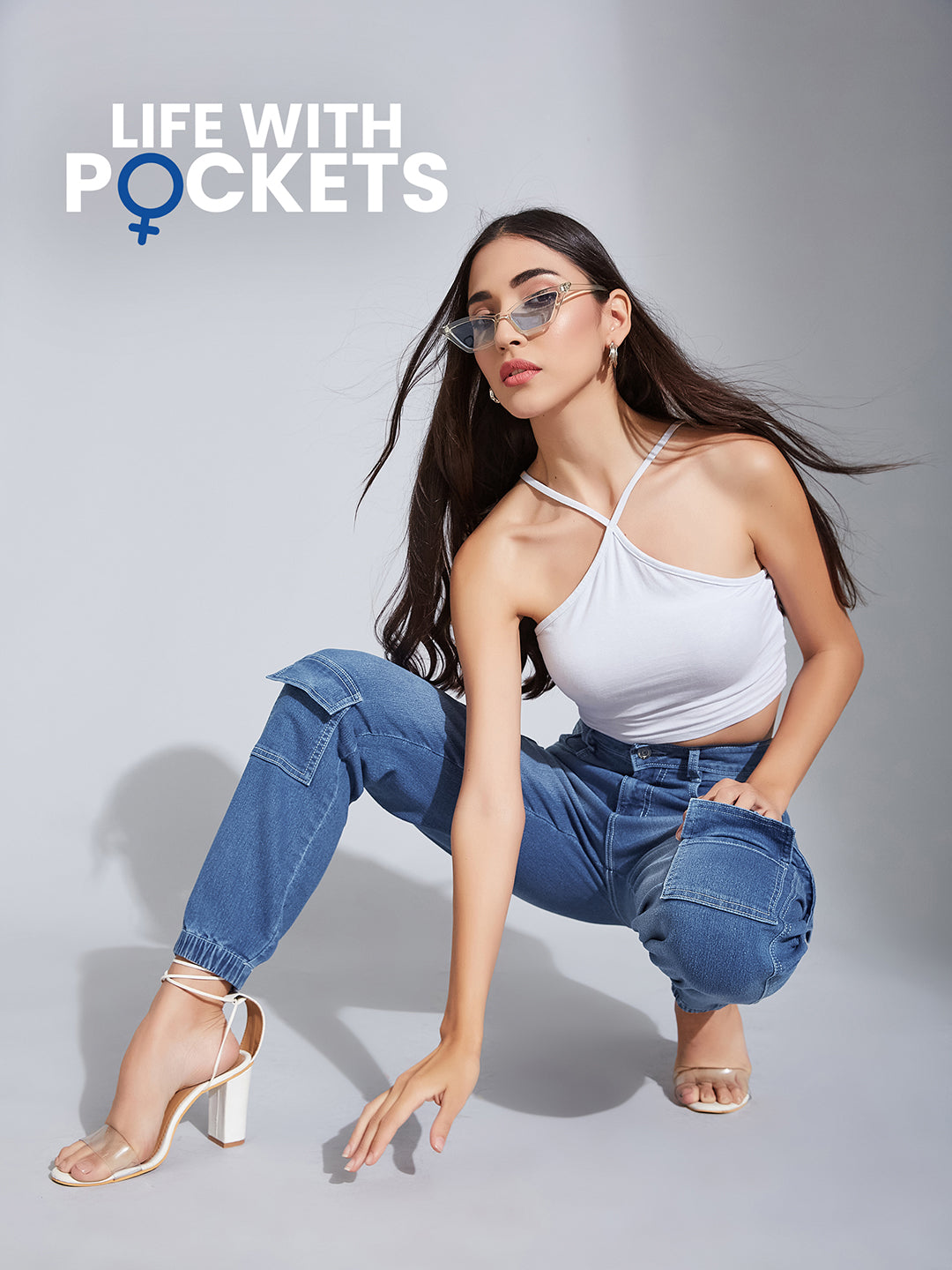 Women's Mid-Blue Regular High-Rise Regular Stretchable Denim Joggers