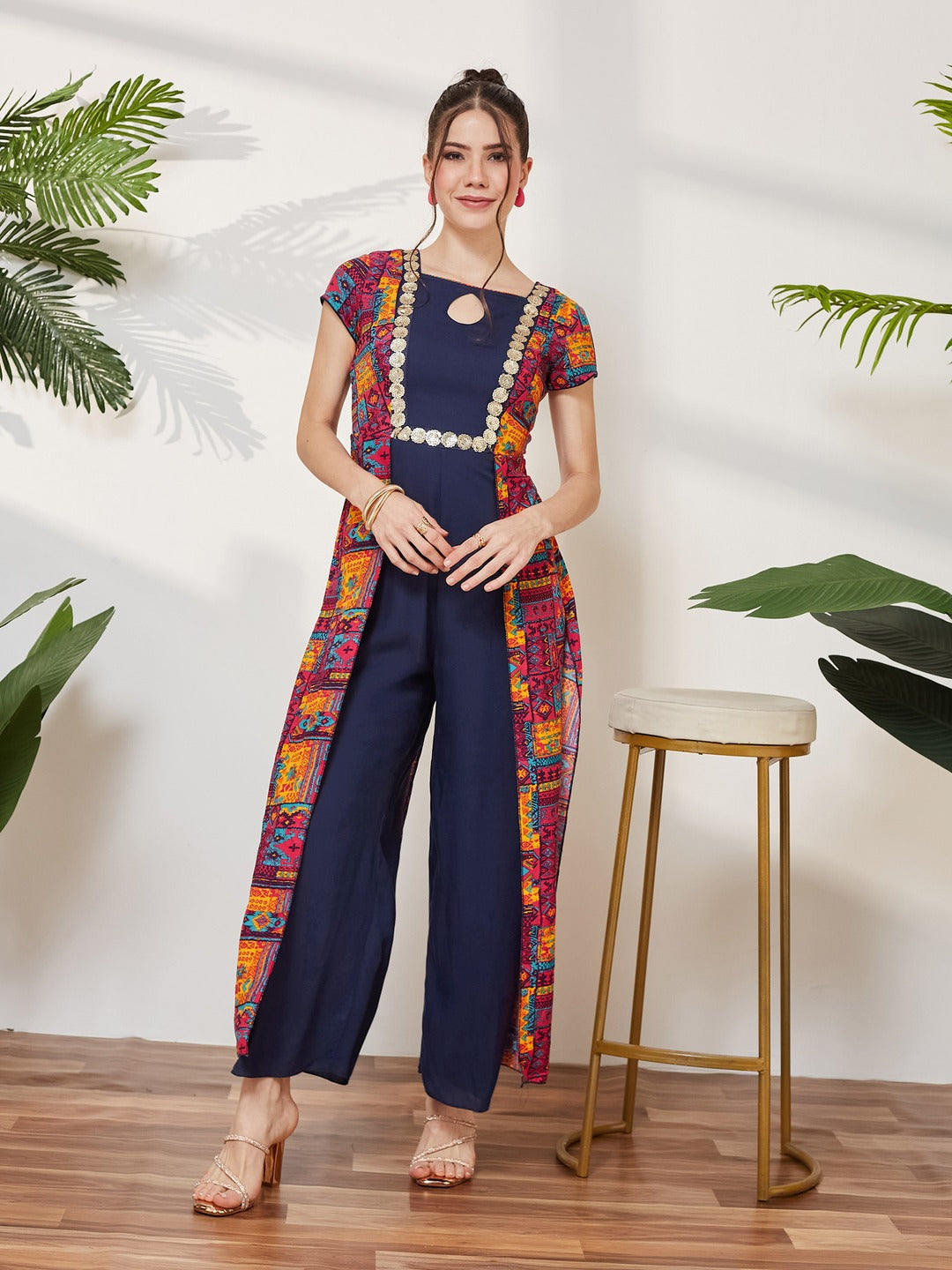 Navy Blue Keyhole-Neck Regular Sleeve Bohemian Paneled Viscose-Rayon Regular-Length Jumpsuit for Women