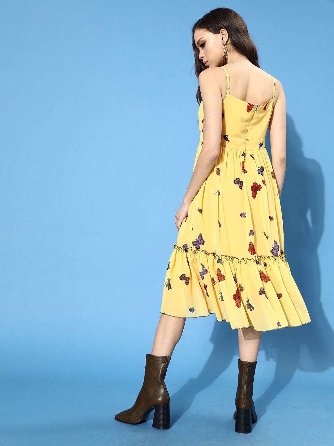 Women's Multicolored-Base-Yellow Square Sleeveless Printed Gathered Midi Dress