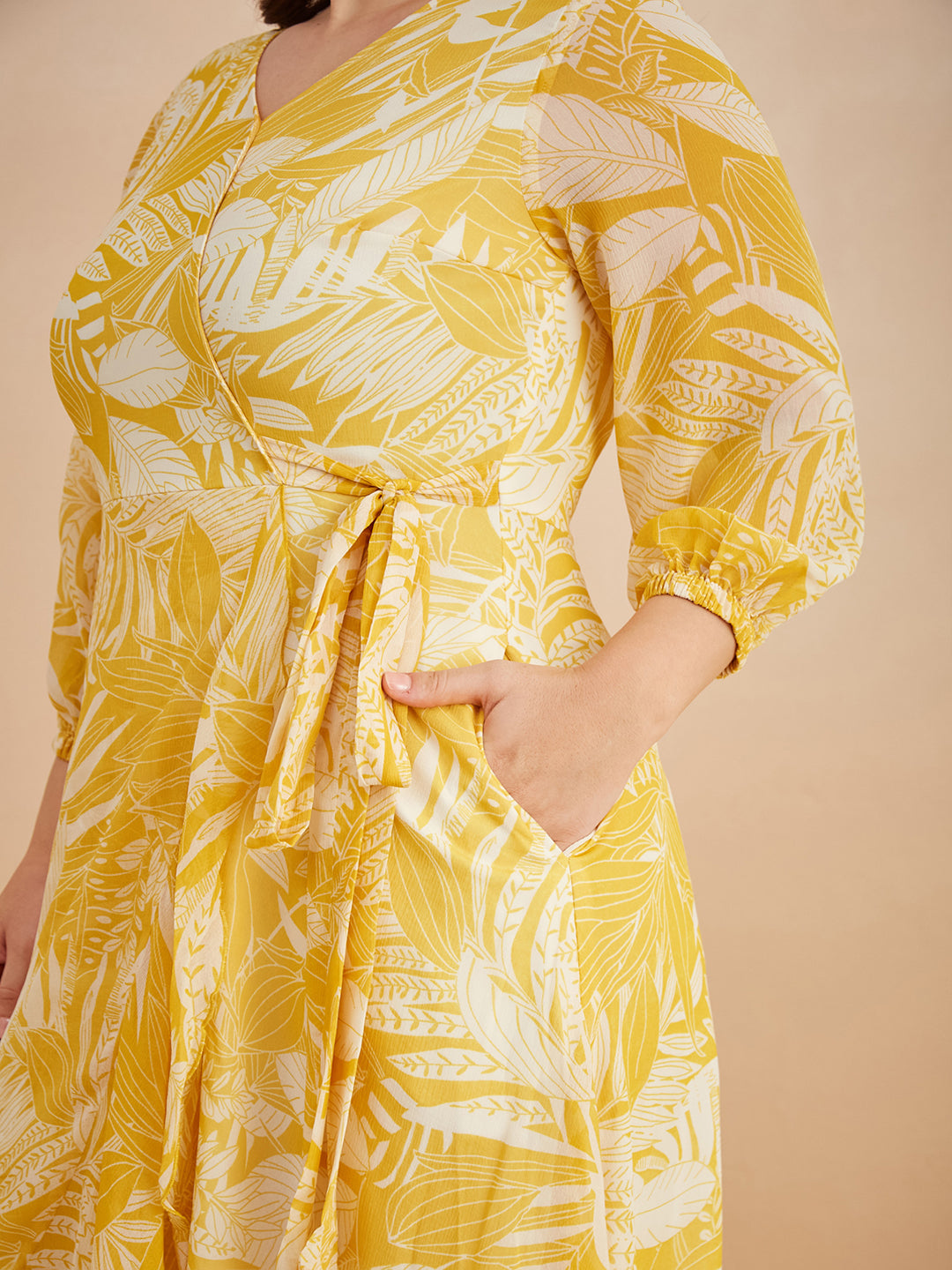 Yellow & White V neck Full sleeve Floral Layered Maxi Dress for Women